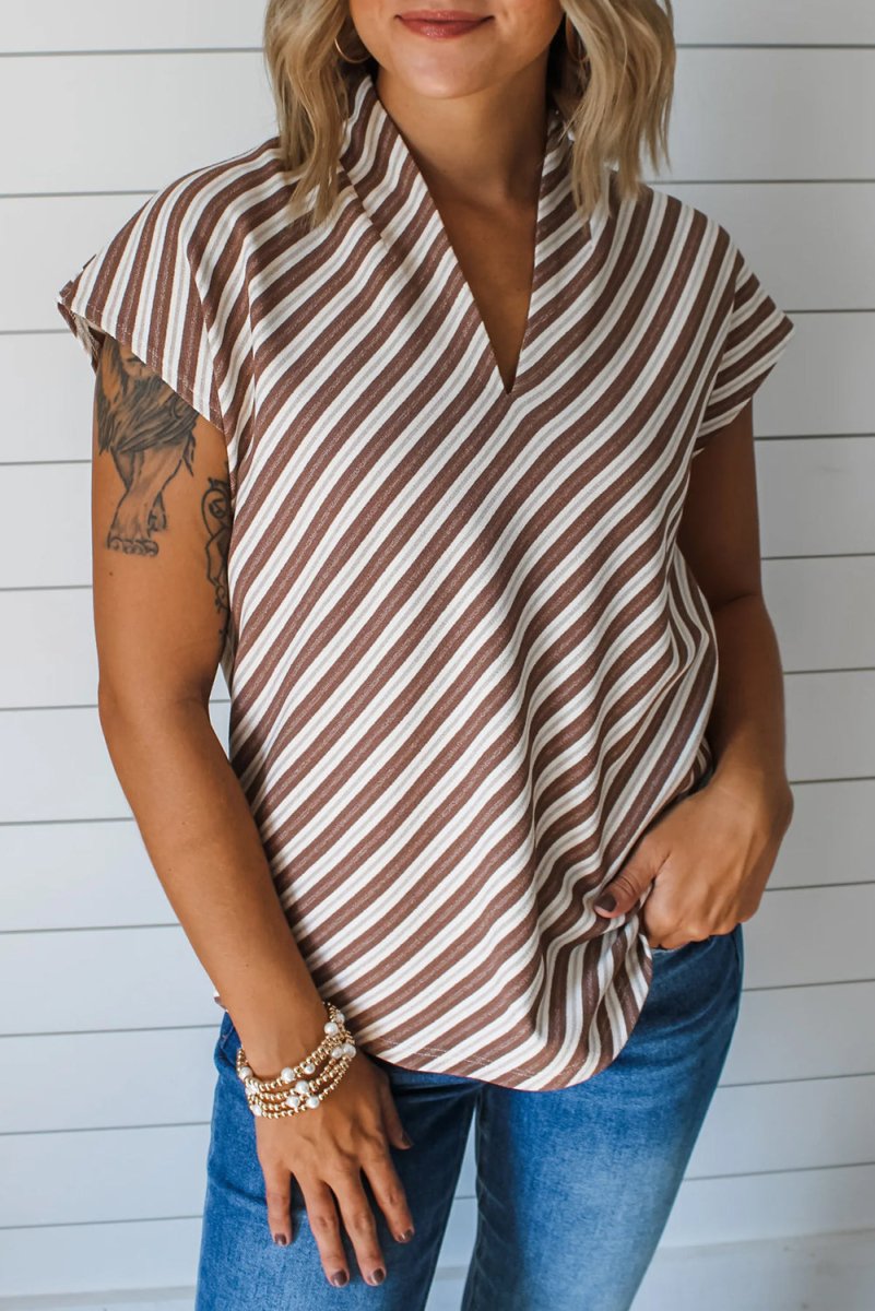 Women's Chestnut Striped V-Neck Short Sleeve Blouse - Casual Summer Tops for Work, Date Night & Weekend Outings