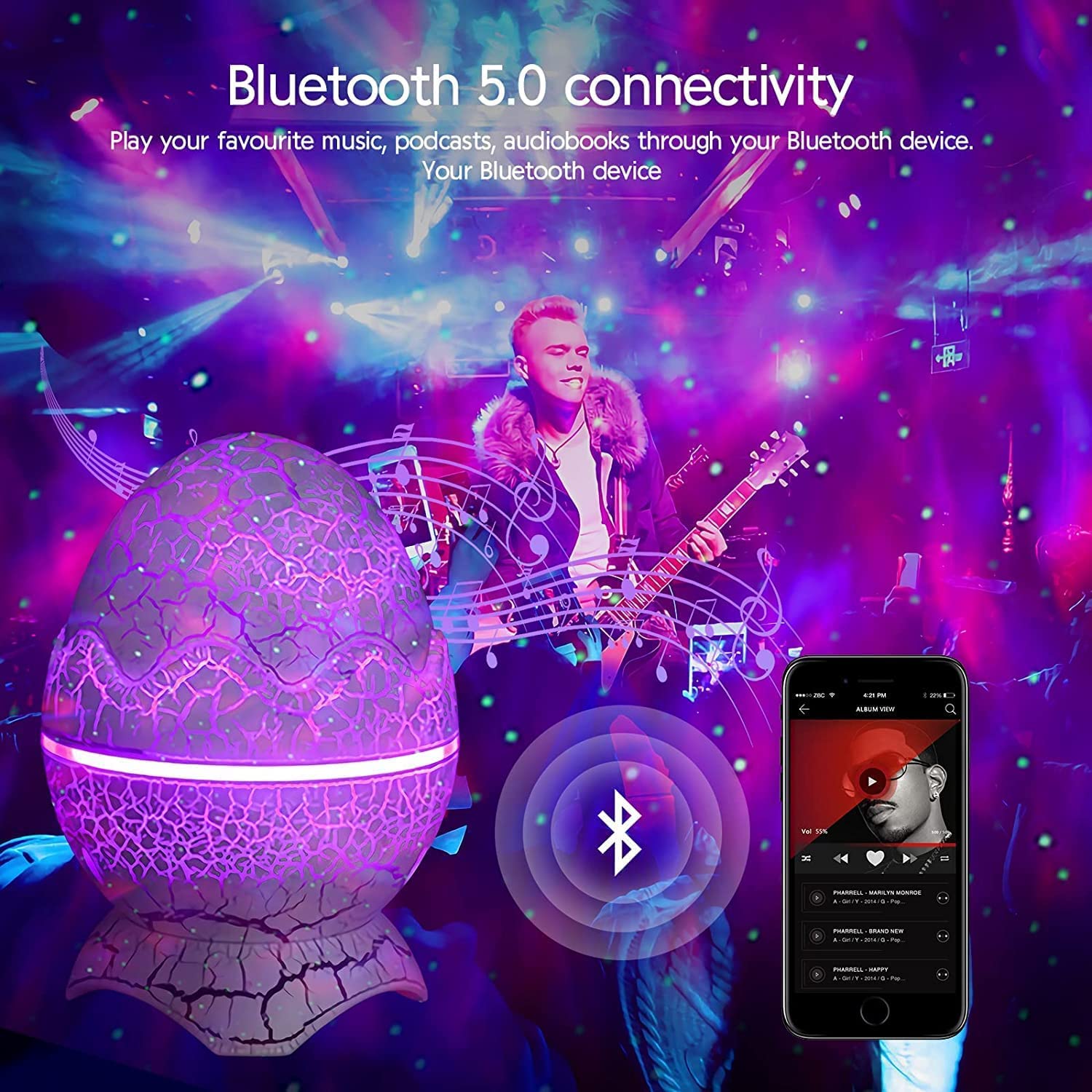 Dinosaur Egg Galaxy Star Projector Night Light with Wireless Music Player, White Noise, Nebula Effect, Timer & Remote Control - Perfect for Kids & Adults Bedroom, Nursery Decor, Relaxation & Sleep Aid