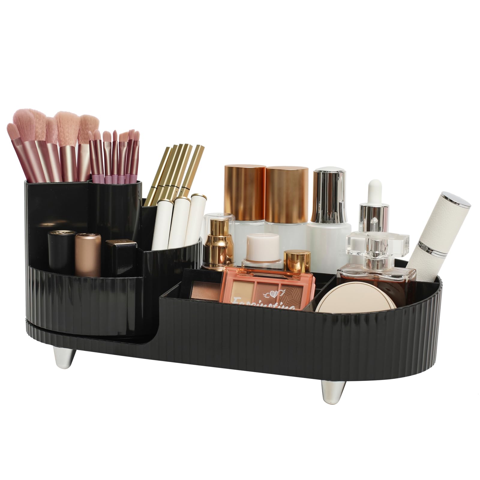Rotating Makeup Organizer with Brush Holder - Large Capacity Cosmetic Display Case for Vanity Countertop | Perfect for Makeup Storage, Beauty Salon & Home Organization (Black)