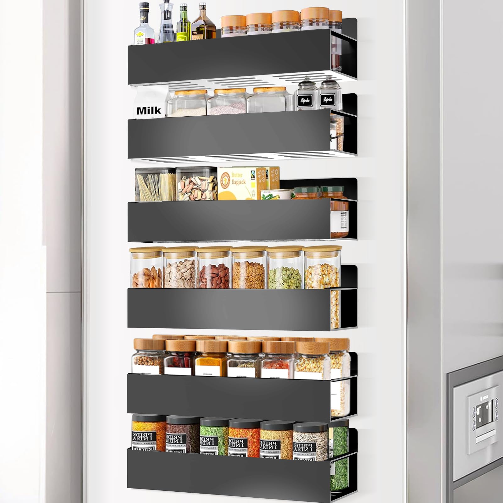 6-Pack Black Magnetic Spice Rack Organizer for Fridge & Kitchen - Screw or Adhesive Mounting, Space-Saving Storage for Seasonings & Utensils - Perfect for Refrigerator, Oven & Pantry Organization