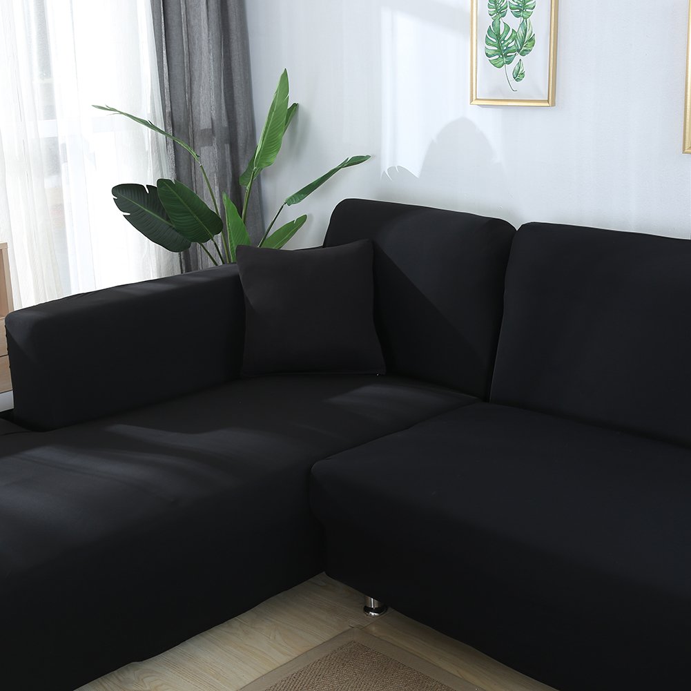 Stretchable 3-Seat L-Shaped Sectional Sofa Cover - Soft Washable Furniture Protector for Corner Couches (Solid Black) | Perfect for Living Room, Family Room & Home Theater Seating Protection