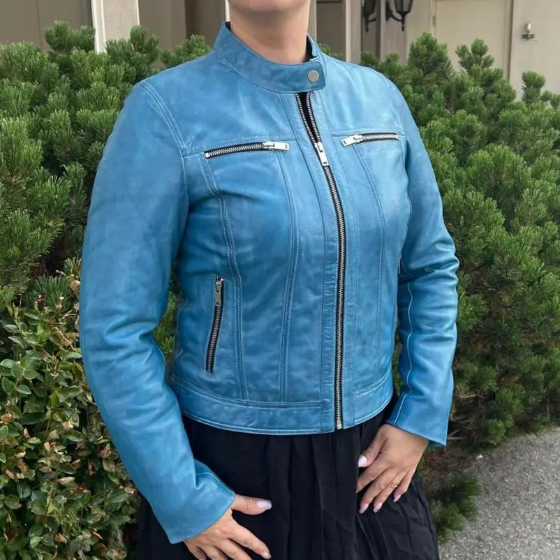 Classic Women's Lamb Leather Jacket with Snap Collar - Stylish Outerwear for Fall & Winter Fashion | Perfect for Casual Outings, Date Nights & Motorcycle Riding