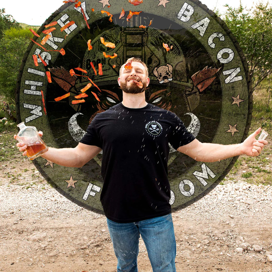 Whiskey Bacon Freedom T-Shirt - Black | American Patriotic Graphic Tee for Men & Women - Perfect for Casual Wear, Parties & Gifting