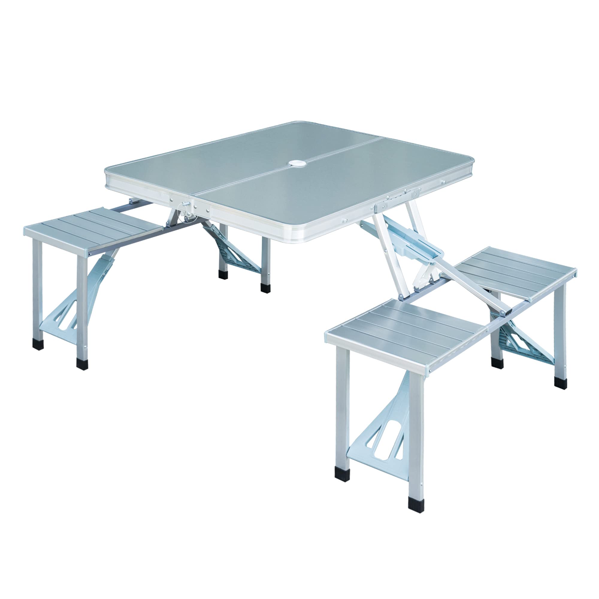Outsunny Folding Picnic Table with Bench & Umbrella Hole | Portable Outdoor Dining Table for Camping, Patio, Backyard & Tailgating | Collapsible Metal Frame with Carry Handle (Silver)