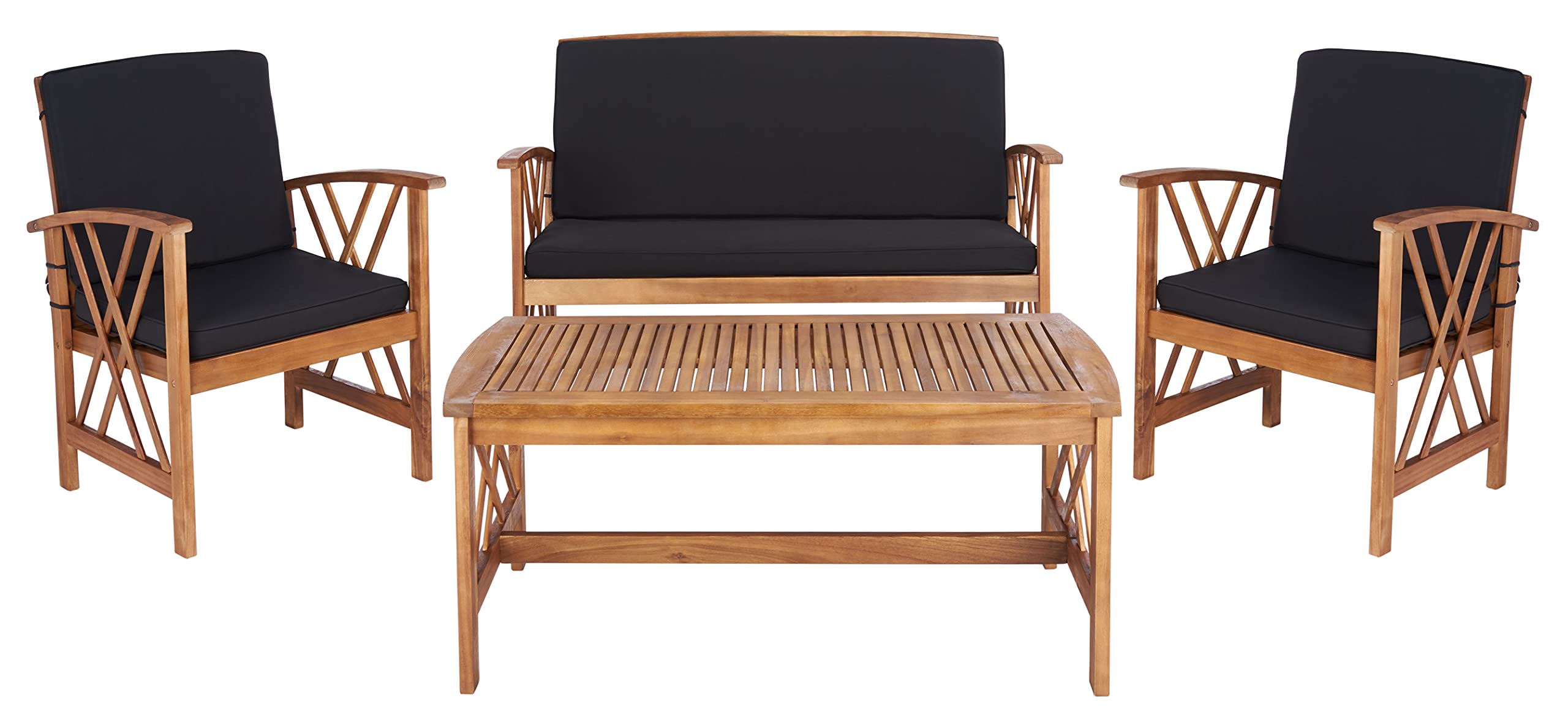 SAFAVIEH Outdoor Collection Fontana Natural/Black 4-Piece Patio Conversation Set - Water-Resistant Cushions for Backyard, Garden & Poolside Relaxation