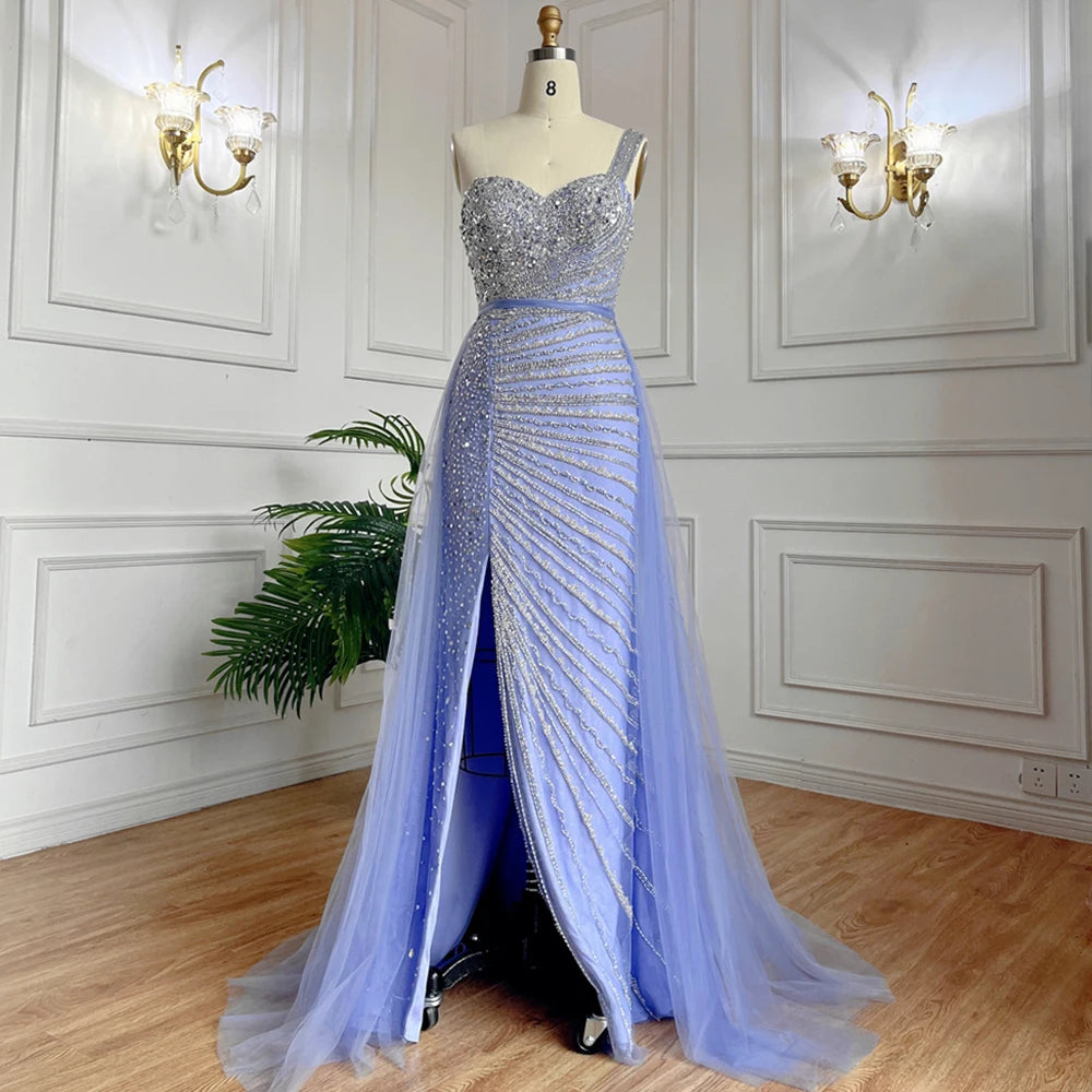 Elegant Blue One Shoulder Mermaid Evening Dress with Beaded Detail & Overskirt for Women - Perfect for Prom, Gala, and Formal Parties