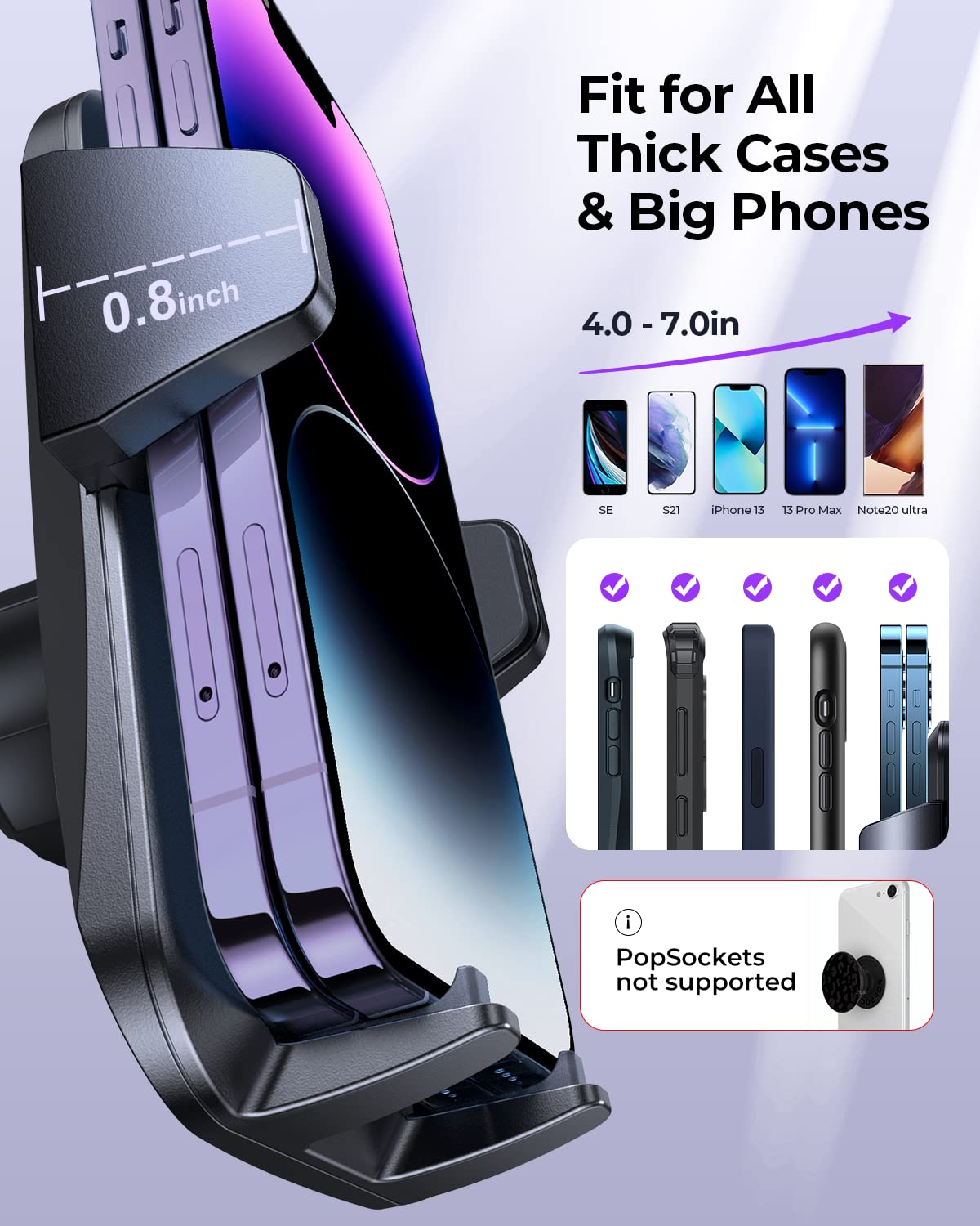 Universal Car Phone Holder Mount - Compatible with Thick Cases, iPhone, Samsung & All Smartphones - Hands-Free Driving Accessory for Safe Navigation & Calls