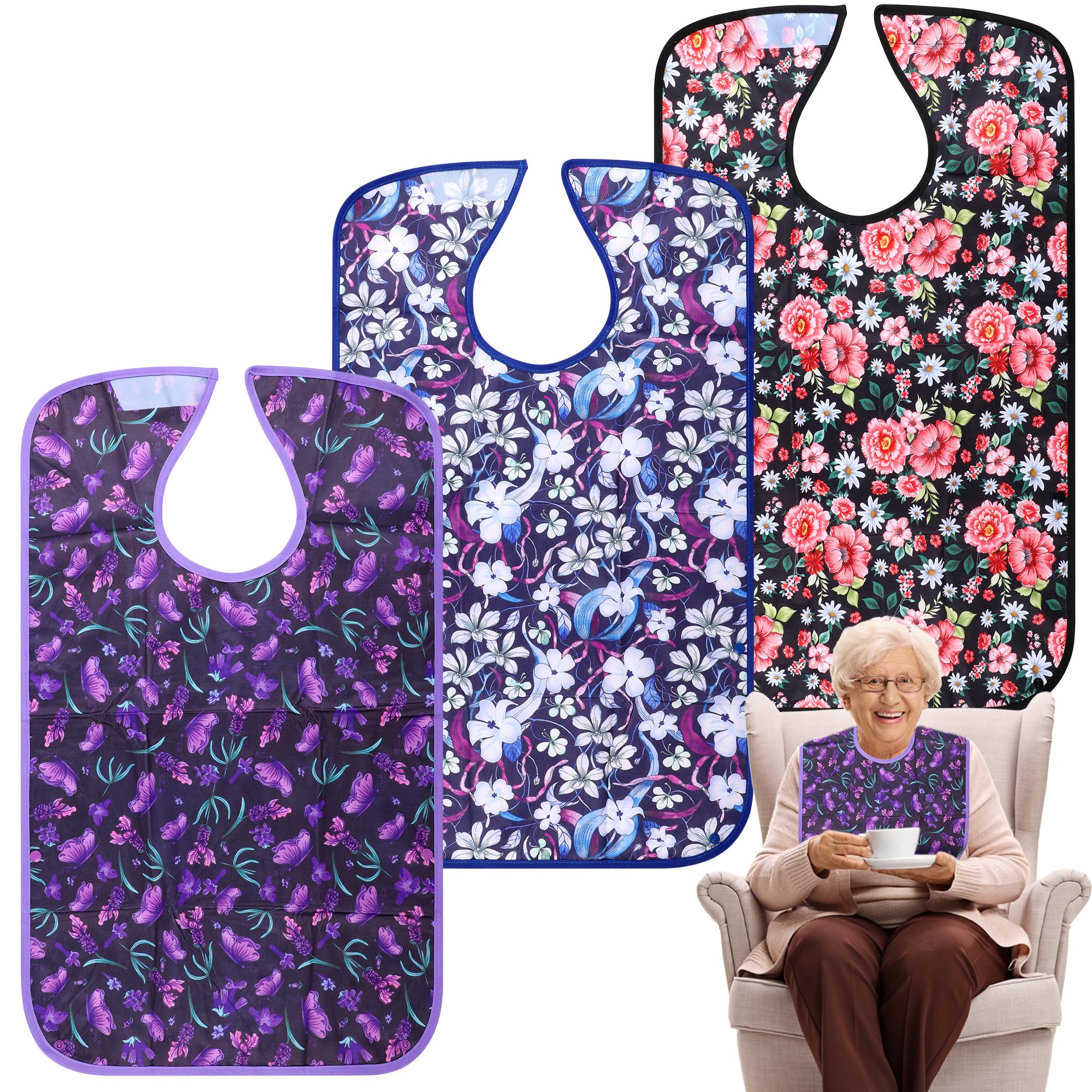 **3 Pack Reusable Waterproof Adult Bibs with Crumb Catcher - Washable Clothing Protector for Mealtime, Elderly Care & Dining Independence**