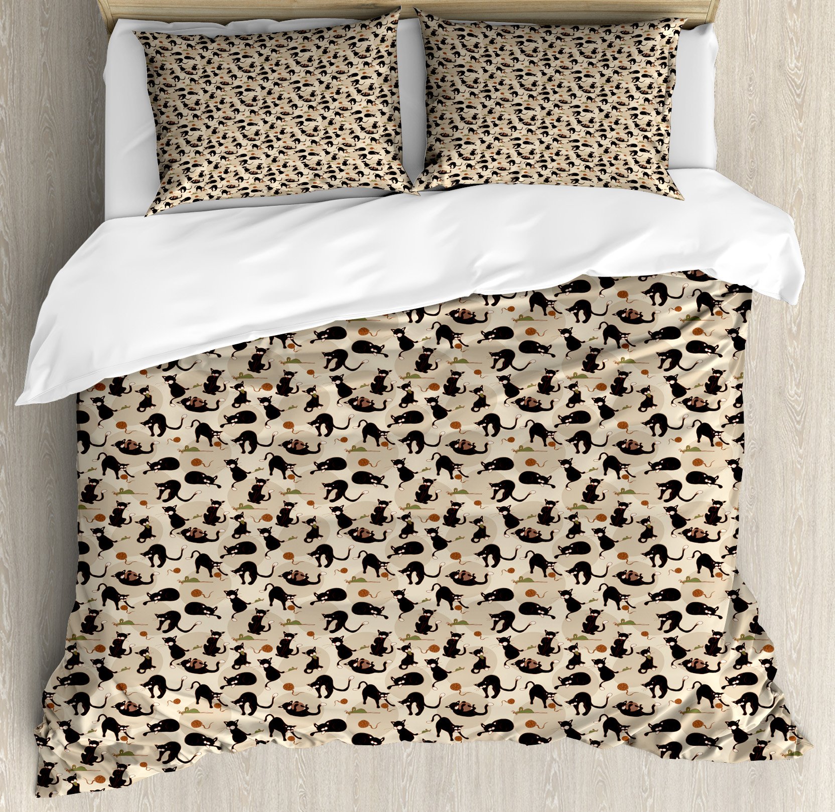 Ambesonne Cat Duvet Cover Set Queen Size - Hand Drawn Feline Pattern with Playing Kittens, Mouse & Yarn - 3 Piece Bedding Set with 2 Pillow Shams in Black, Tan & Sea Green - Perfect for Cat Lovers' Bedroom Decor & Cozy Pet-Themed Home Styling