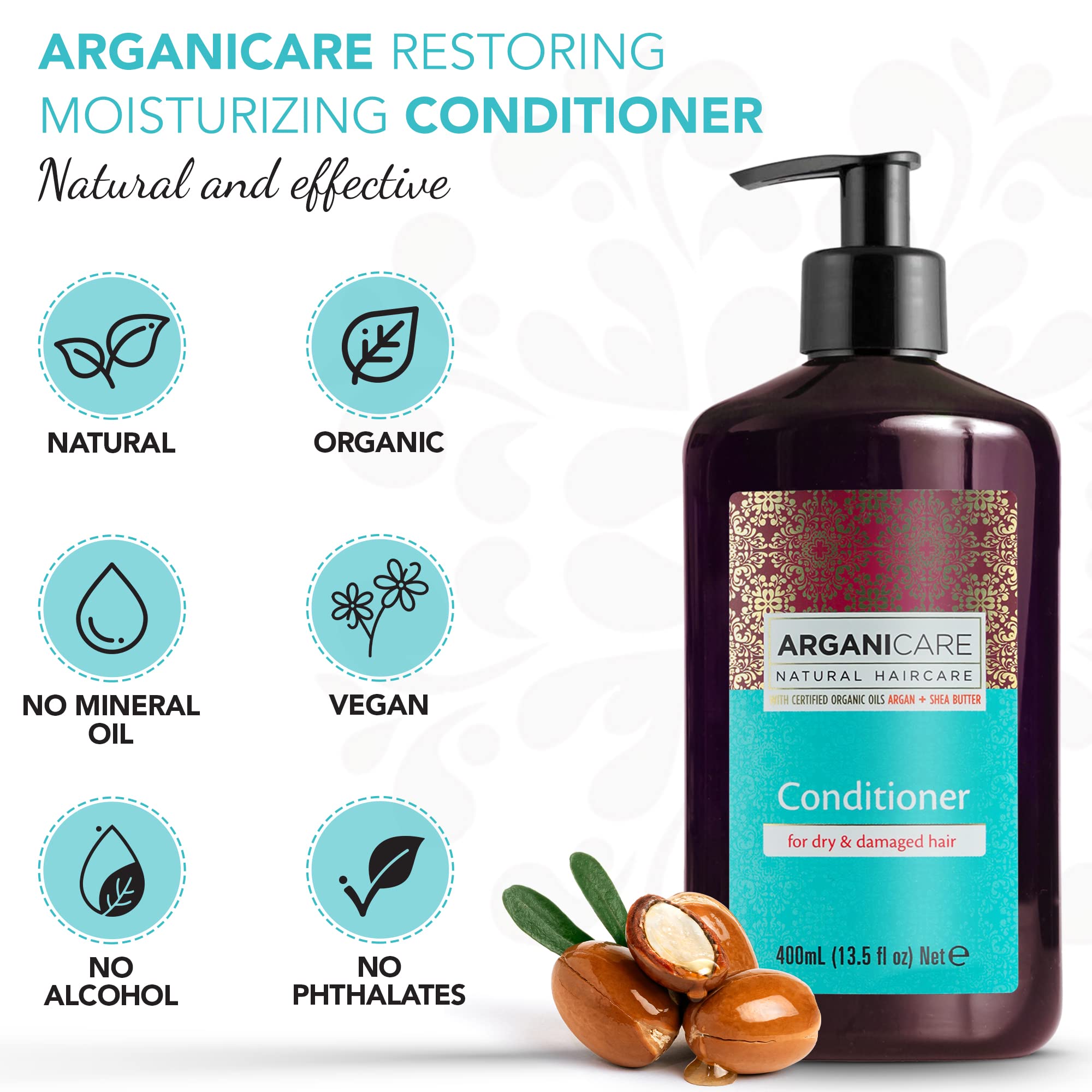 Arganicare Natural Argan Oil Deep Conditioner for Dry Damaged Hair - Jojoba Oil, Shea Butter & Silk Infused - Moisturizing Hair Treatment with Vitamins B5 & E for Men, Women & Kids (13.5 fl oz) | Perfect for Daily Hair Care, Salon-Quality Results at Home, and Repairing Heat-Damaged Hair