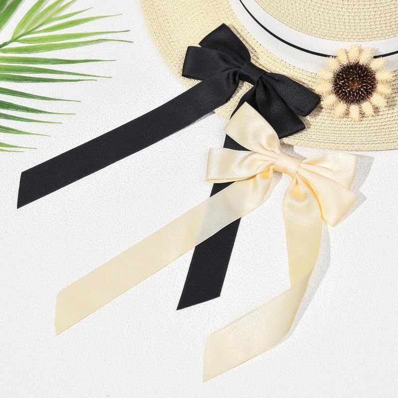 RECTYO GALLERY 2PCS Premium Silk Satin Hair Ribbon Clips with Elegant Bows - Black & Beige Hair Accessories for Women, Girls, Teens & Kids | Perfect for Weddings, Parties & Daily Styling