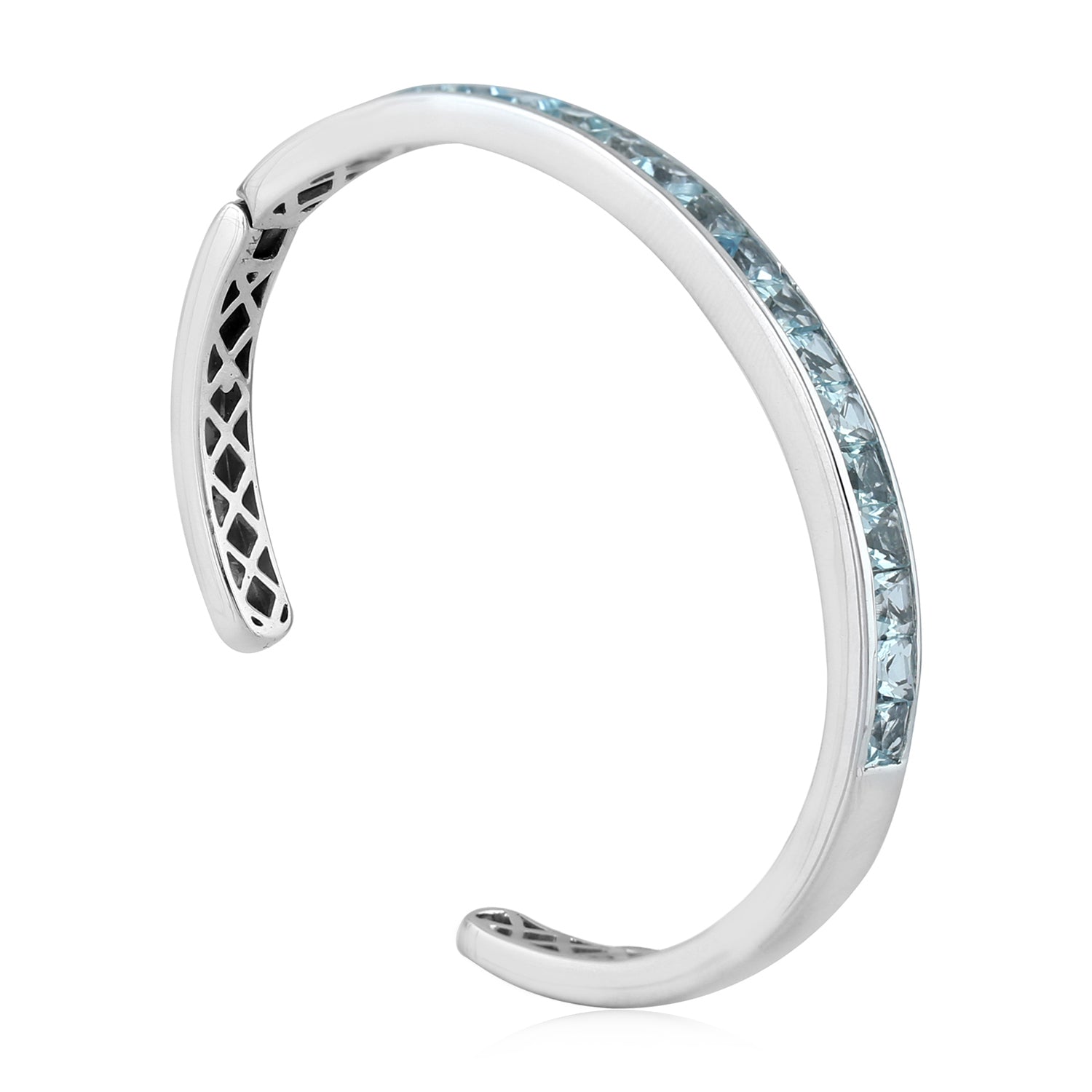 14K White Gold Channel Set Square Aquamarine Gemstone Open Cuff Bracelet - Elegant Jewelry for Weddings, Parties & Special Occasions