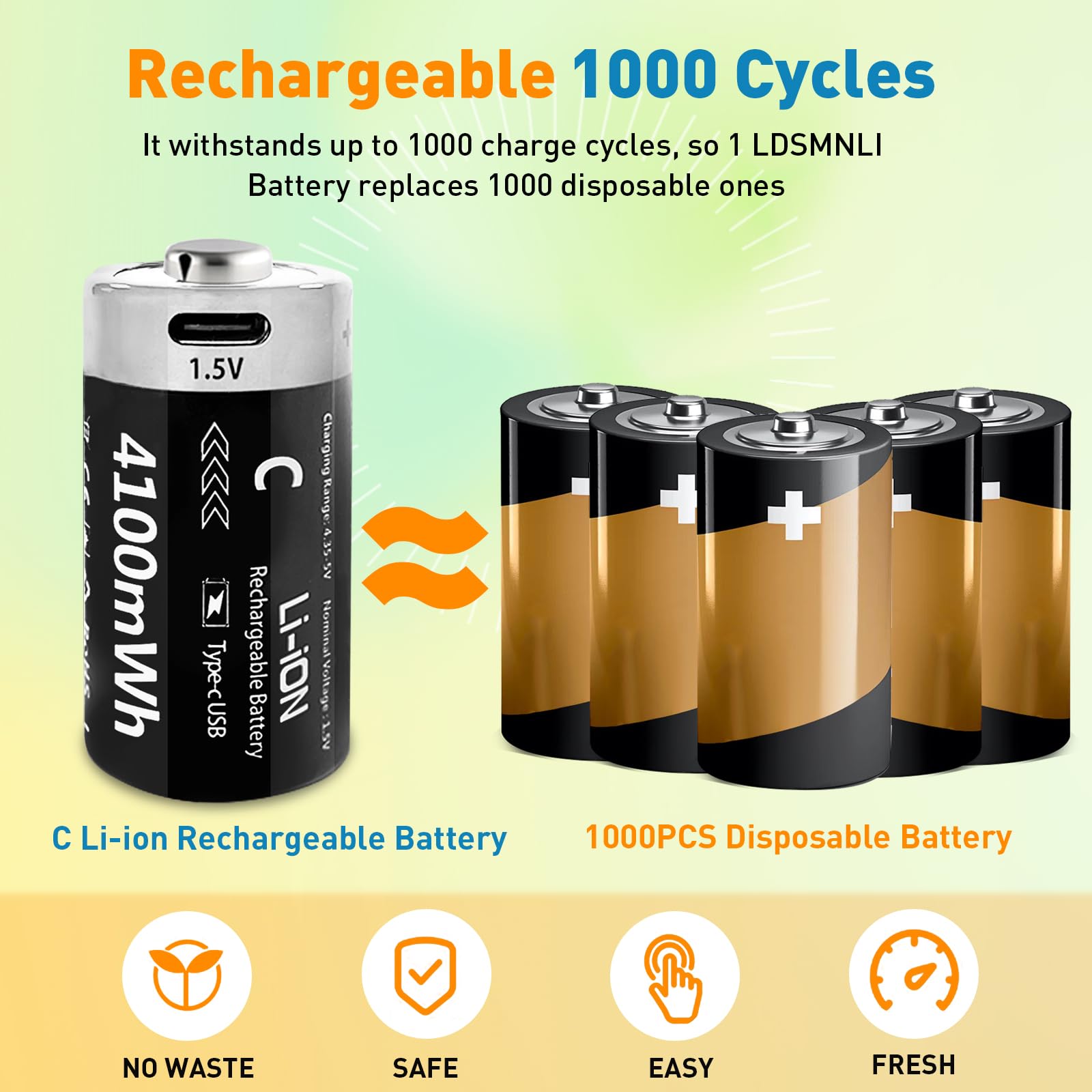 Rechargeable 1.5V Lithium C Batteries with USB-C Cable - 4100mWh C Size Li-ion Batteries (4 Pack) for Flashlights, Lanterns, Camping Gear & Emergency Power Supply