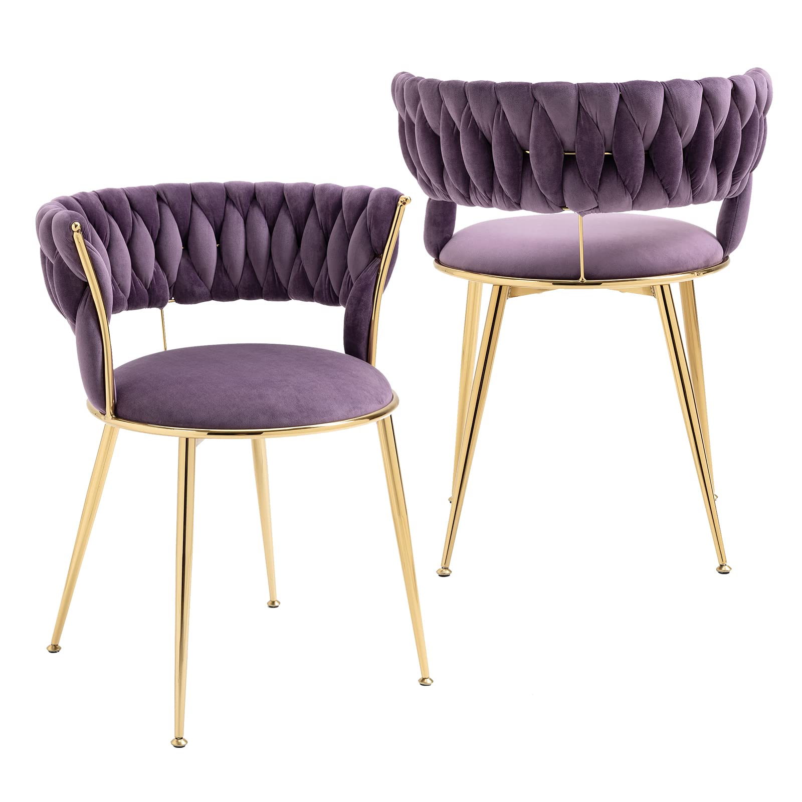 NIOIIKIT Modern Velvet Dining Chairs Set of 2 - Handwoven Upholstered Accent Chairs with Golden Metal Legs for Living Room, Kitchen, Dining Room & Vanity - Soft Purple Velvet Seating for Home Decor & Entertaining