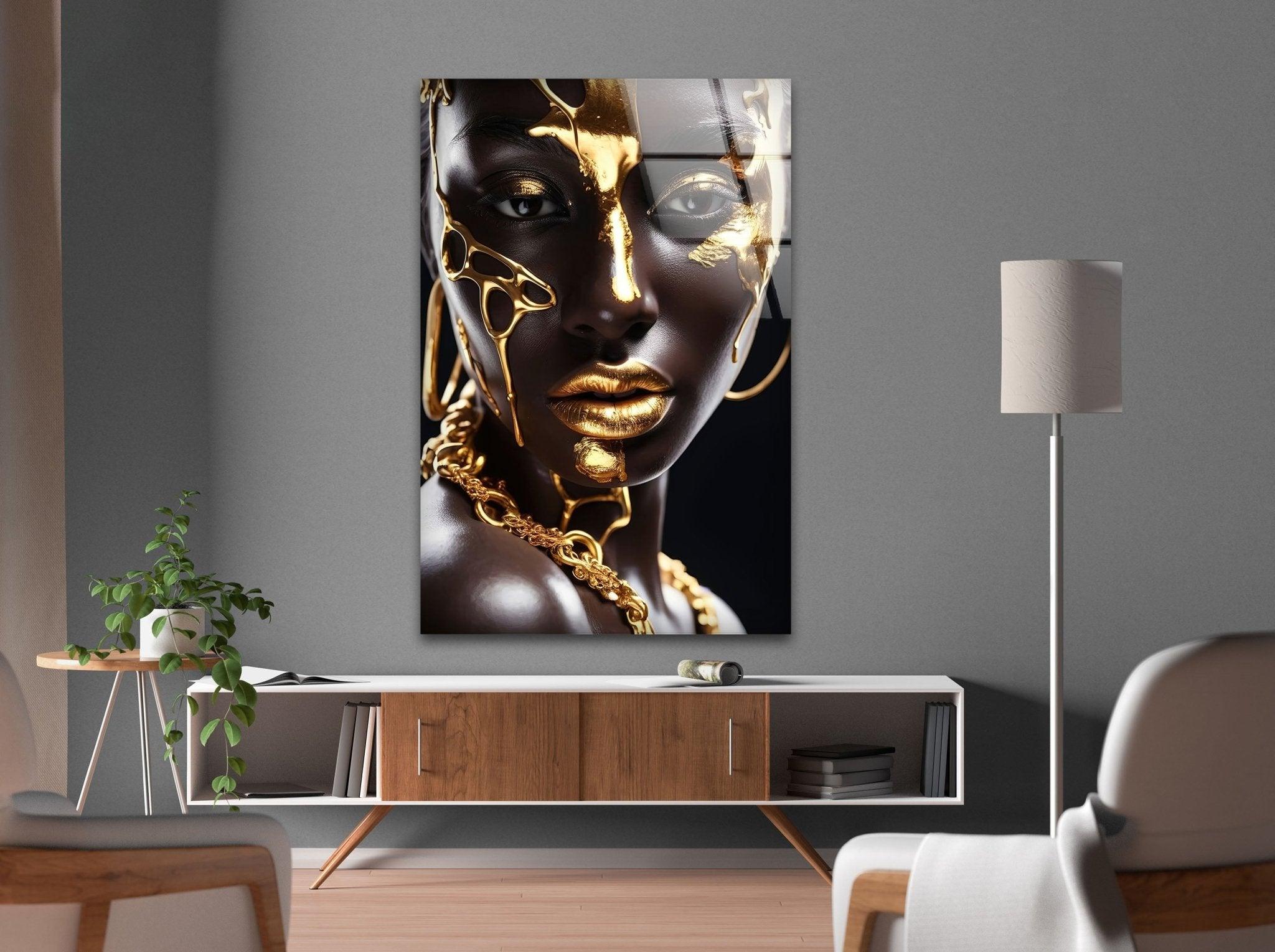 African Gold Woman Glass Wall Art - Handmade African Decor for Living Room, Bedroom & Office - Elegant Home Decor Gift for Women