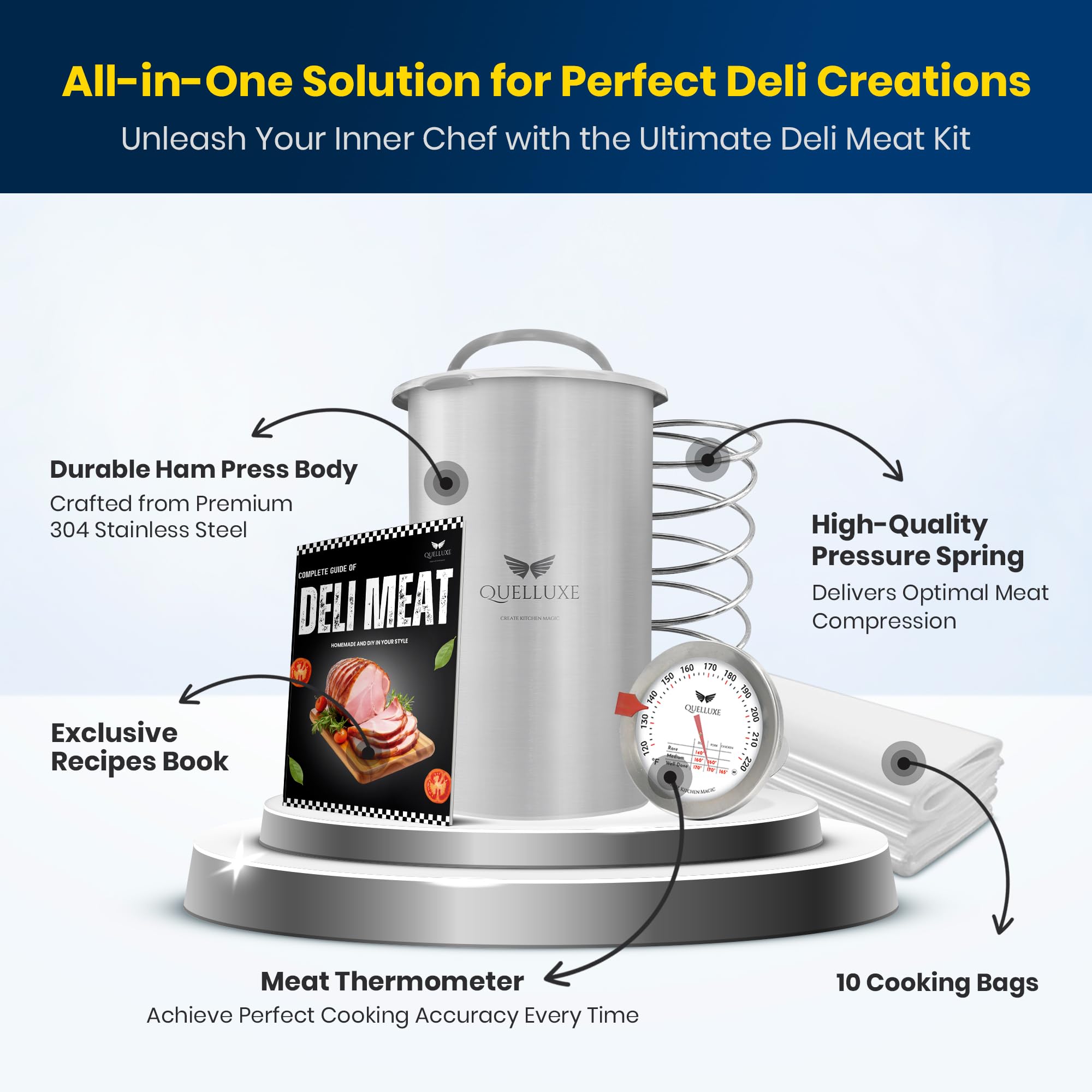 Premium Stainless Steel Ham Maker & Deli Meat Press Mold - Homemade Sandwich Meat Maker with Upgraded Thermometer - Includes 10 Cooking Bags & Recipe Guide Book - Perfect for Meal Prep, Charcuterie Boards, and Home Cooking