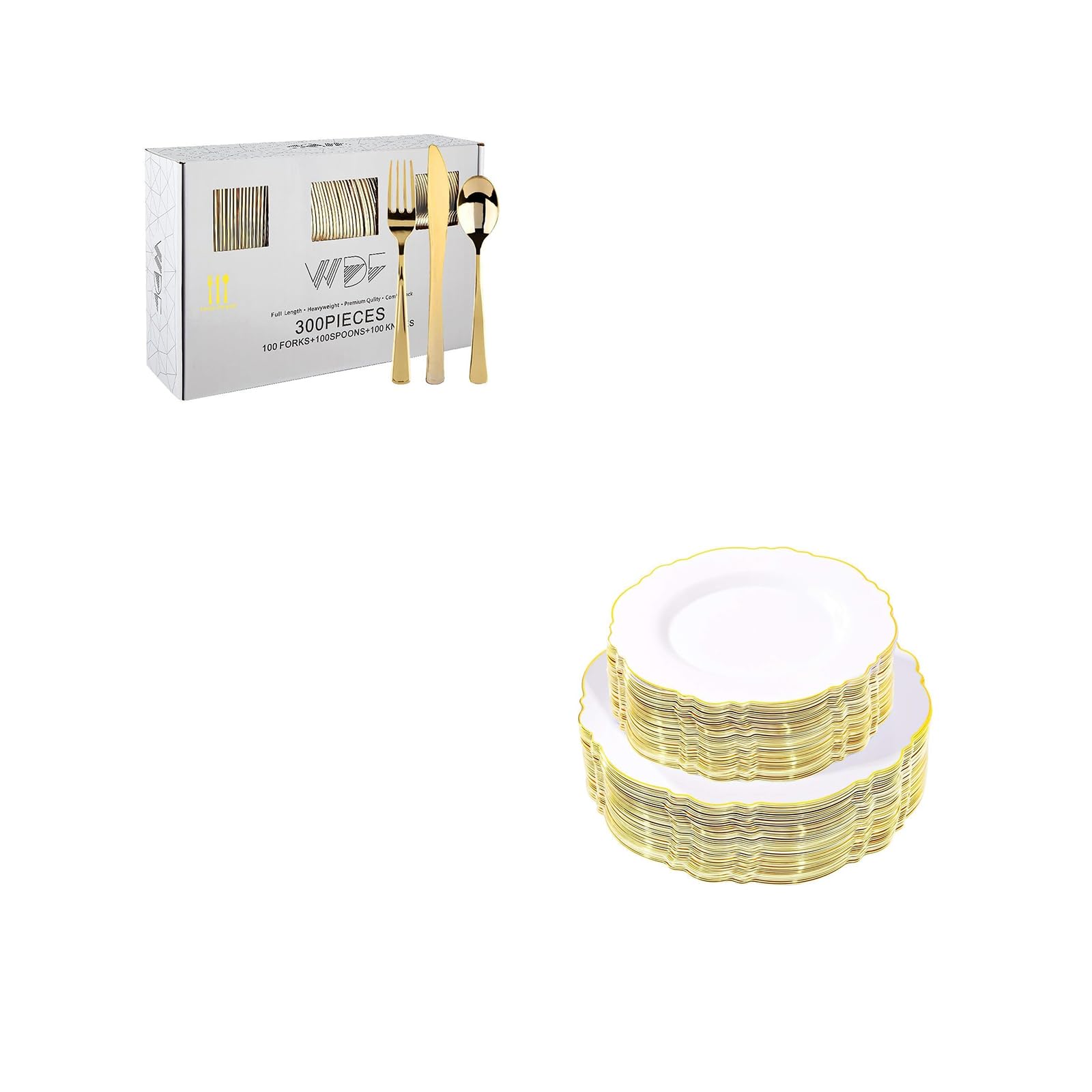 300-Piece Gold Plastic Cutlery Set & 100 Gold Plastic Plates - Elegant Baroque Design for Weddings, Parties, and Luxury Events