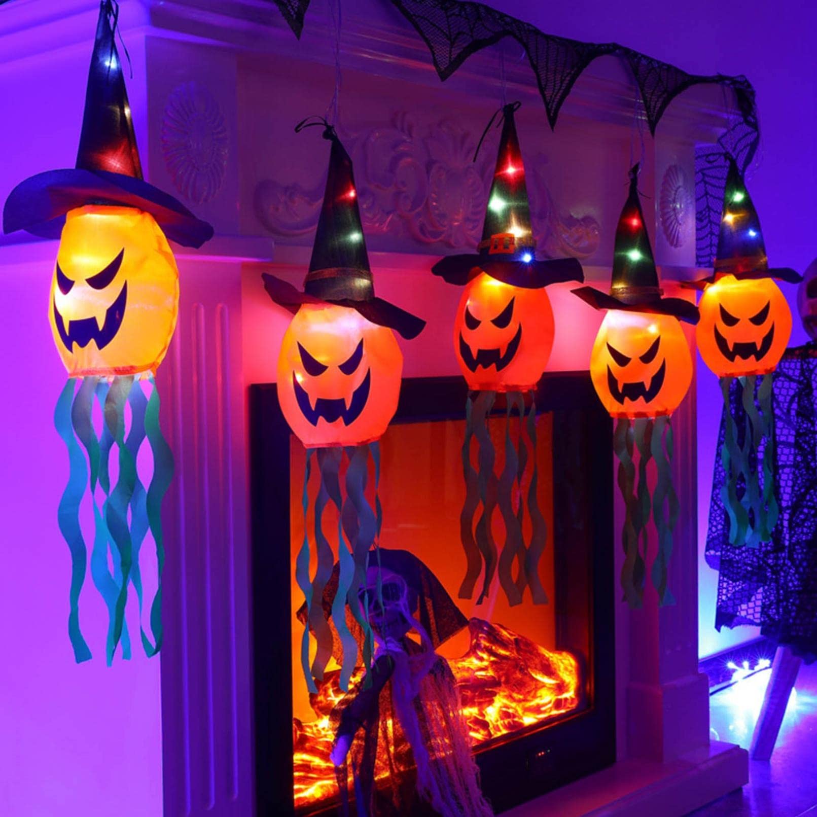 Waterproof LED Halloween Pumpkin String Lights - Scary Hollow Skull Hooded Lantern for Halloween Party, Bar & Home Decor (Orange) | Indoor & Outdoor Halloween Decorations, Pumpkin Lights for Porch, Yard & Garden