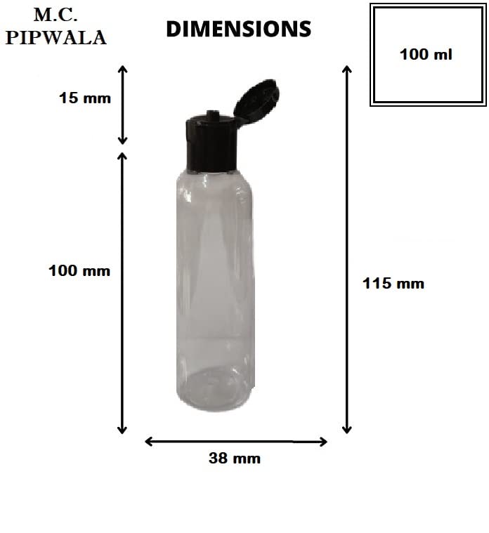 M.C. PIPWALA 100ml Clear PET Plastic Bottles with Black Flip Top Cap - Leak Proof Squeeze Travel Containers for Cosmetics, Liquids & Toiletries (Pack of 3) - Perfect for Travel, Salon & DIY Projects