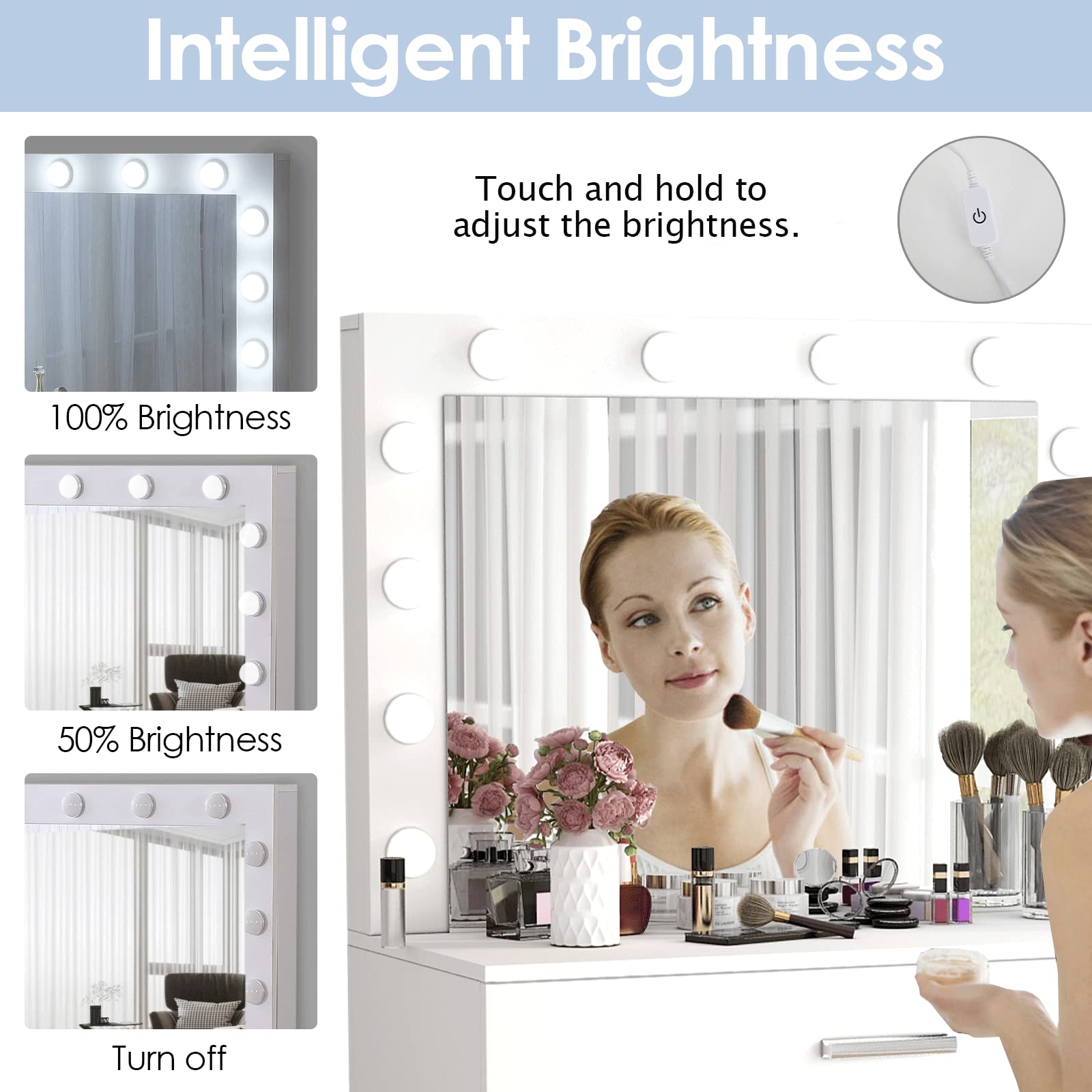 Vabches Makeup Vanity with LED Lights - Adjustable Brightness Dressing Table with Large Drawer, Sturdy White Vanity Desk for Bedroom, Studio, or Home Salon - Perfect for Makeup Application, Skincare Routine, and Self-Care Space