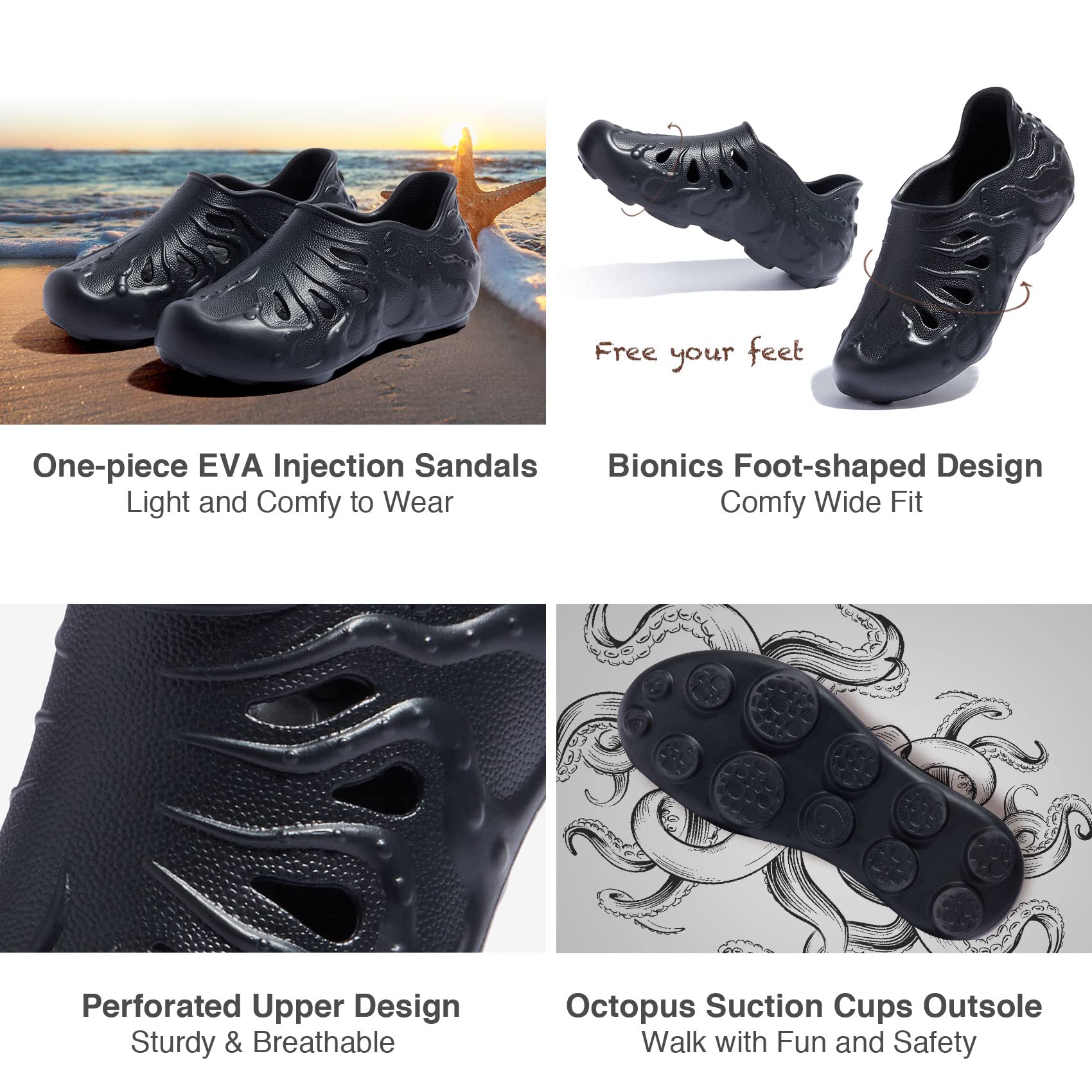 UIN Men's Clog Shoes - Slip On Garden & Beach Sandals with Octopus Design - Comfortable Outdoor Slippers for Walking, Gardening & Water Activities