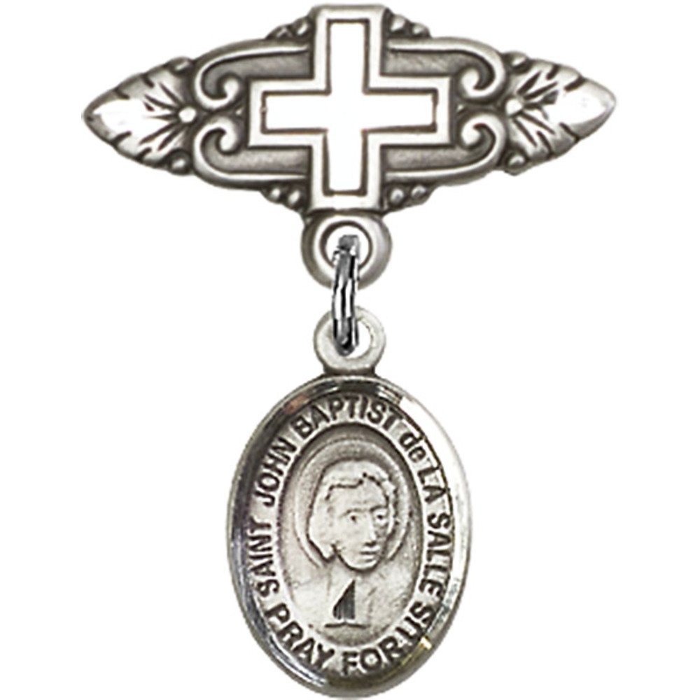 St. John Baptist de la Salle Sterling Silver Baby Badge with Cross Charm - 1 X 3/4 Inch Religious Pin for Baptism, First Communion & Catholic Gifts