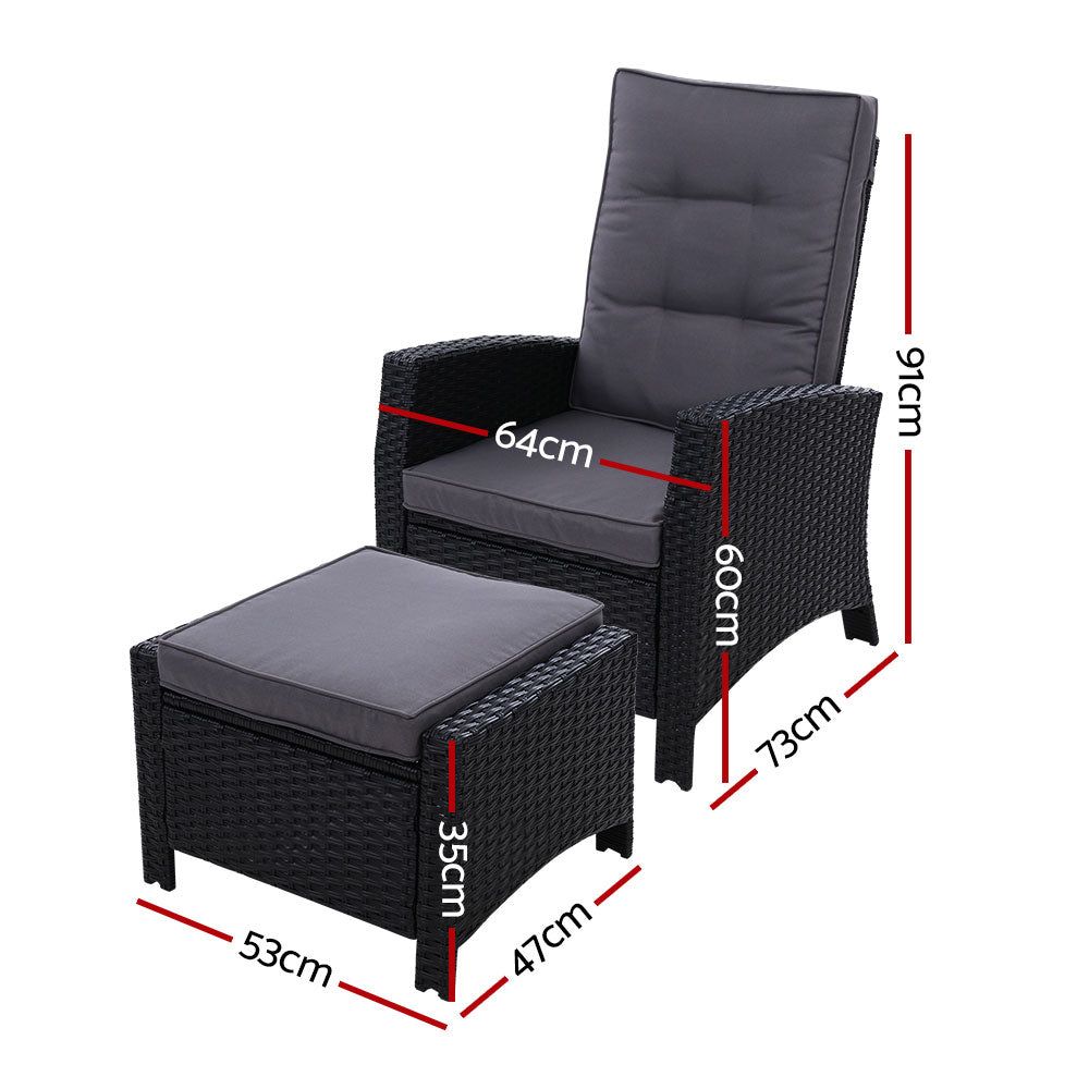 2-Piece Sun Lounger Recliner Chair Set - Wicker Patio Sofa Daybed with Cushion & Ottoman - Outdoor Garden Furniture for Poolside, Backyard Relaxation & Beach Lounging