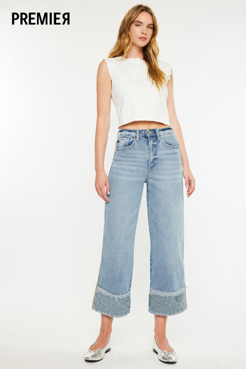 Grace Premier 90's Inspired High Waisted Cropped Wide Leg Jeans - Vintage Denim Pants for Women, Perfect for Casual Outfits & Streetwear Fashion