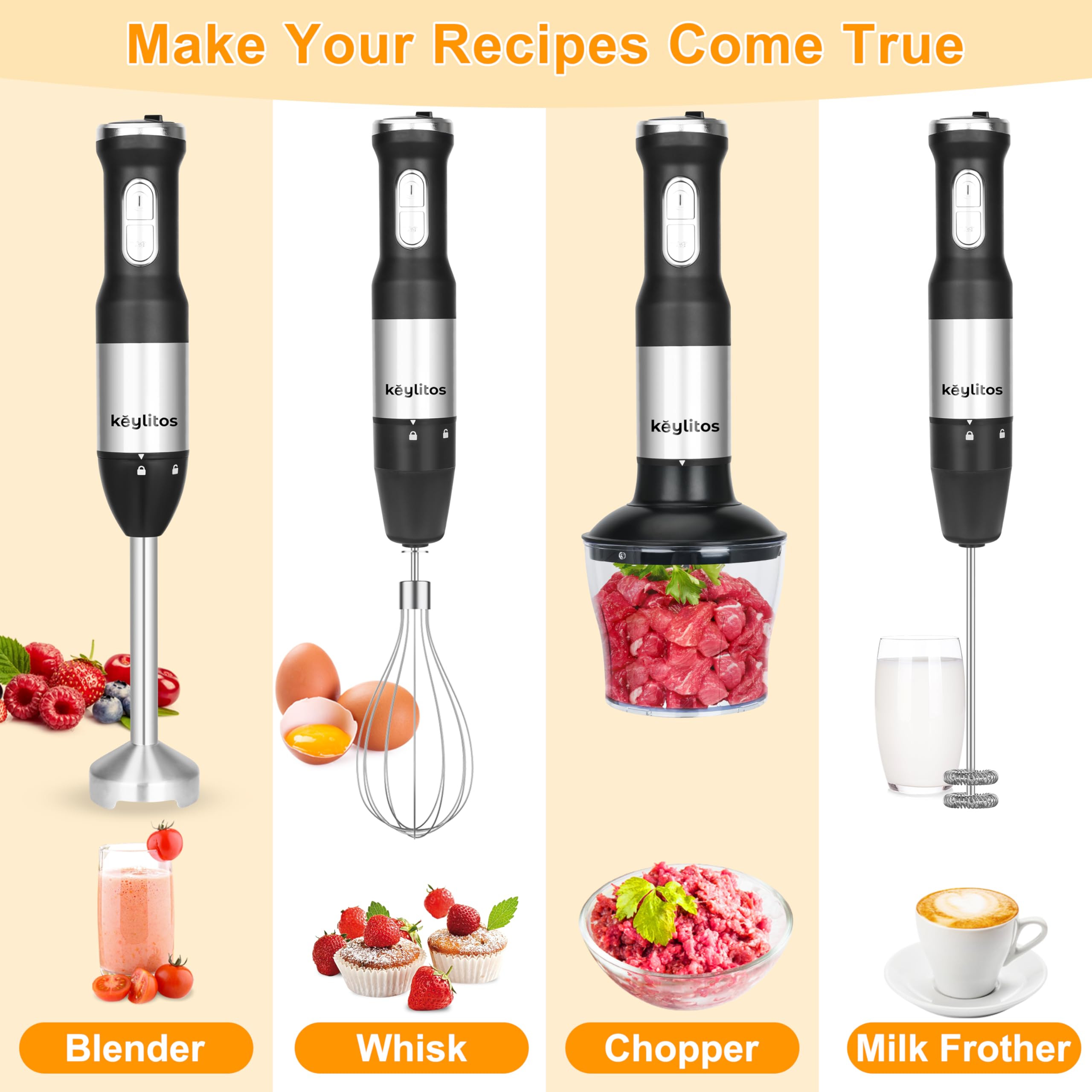 Keylitos 5-in-1 Immersion Hand Blender Mixer Set - 600W Upgraded Stick Blender with 600ML Food Chopper, 800ML Mixing Beaker, Whisk & Milk Frother - Perfect for Smoothies, Baby Food, Sauces, Puree, Soup - Ideal for Kitchen, Home Cooking & Meal Prep (Black)