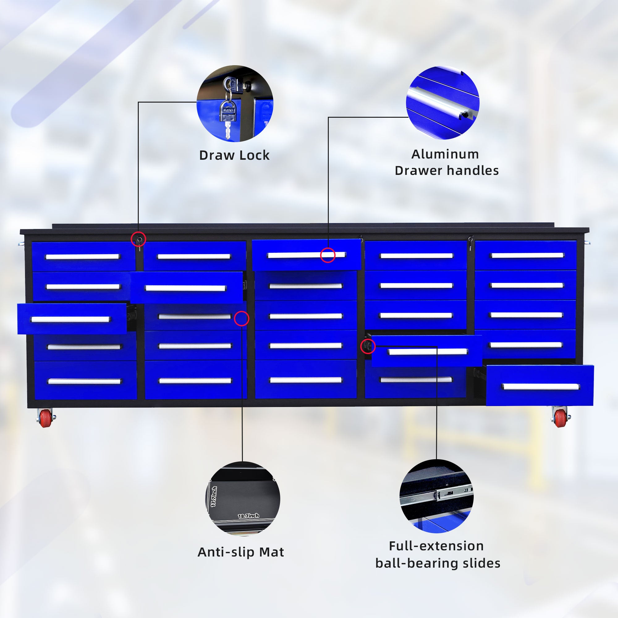 10ft Heavy Duty Workbench with 25 Storage Drawers - Blue | Garage Workshop Organizer, Tool Storage Solution for DIY & Professional Use