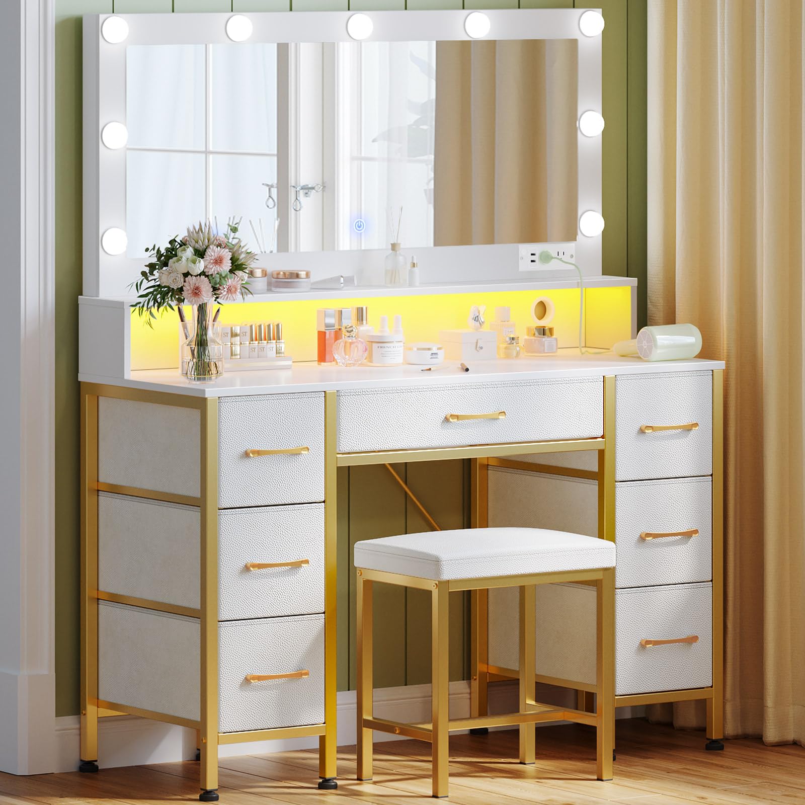 Rolanstar White and Gold Vanity Desk with Mirror & LED Lights - Makeup Vanity Set with Upholstered Stool, 7 Fabric Drawers, 9 LED Bulbs & Power Outlets - RGB Strip Lighting for Bedroom, Dressing Room & Beauty Salon