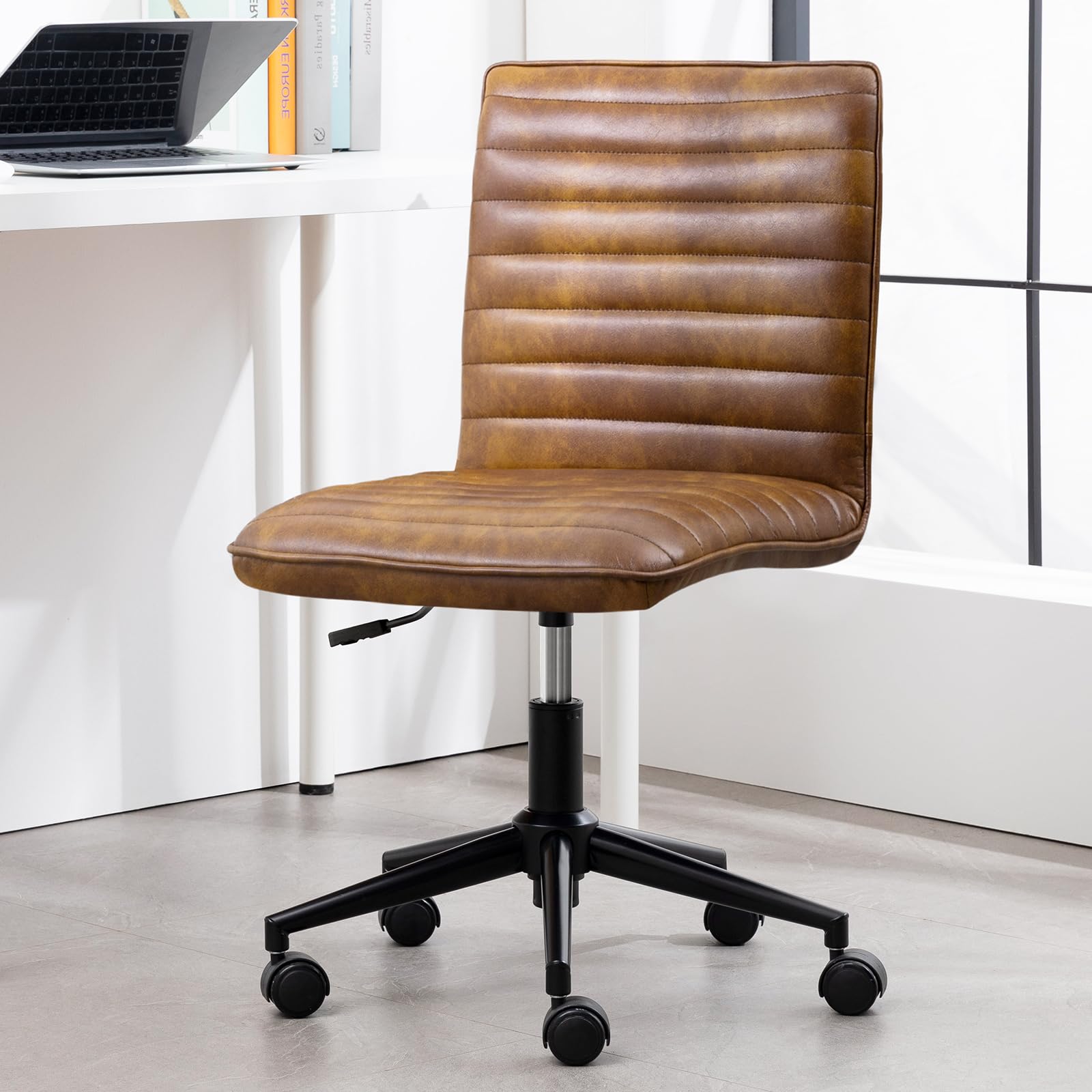 Furniliving Genuine Leather Home Office Chair - Armless Vanity Desk Task Chair with 360° Swivel Wheels & Adjustable Height - Modern Computer Rolling Chair with Gold Metal Base - Perfect for Home Office, Study Room, and Workspace