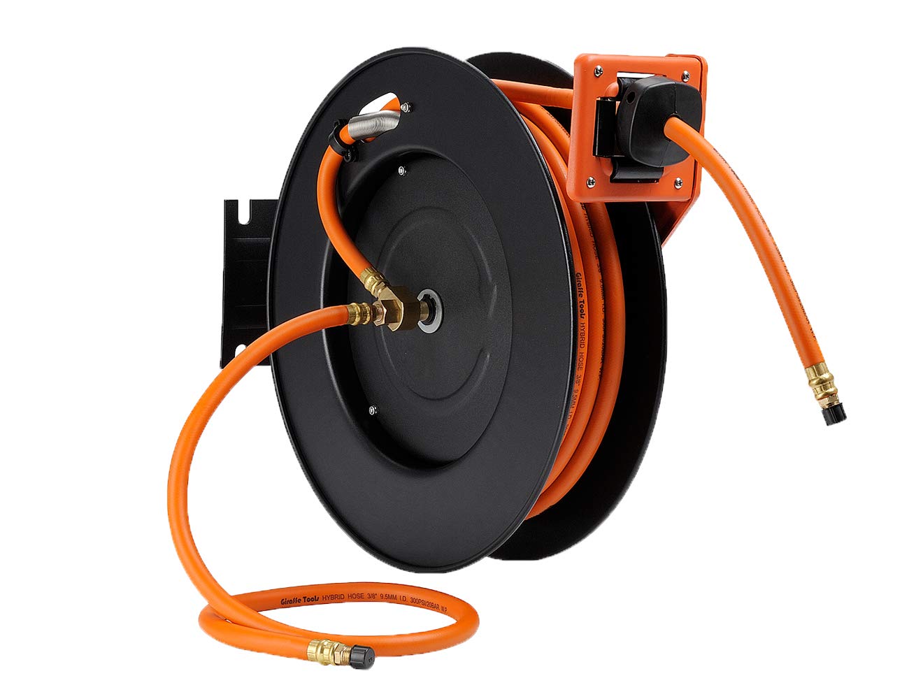 Giraffe Tools 50ft Retractable Air Hose Reel with 25ft Hybrid Hose - Heavy Duty Steel Wall Mount Reel, Auto Rewind, 300PSI - Perfect for Garage, Workshop & Automotive Air Tools