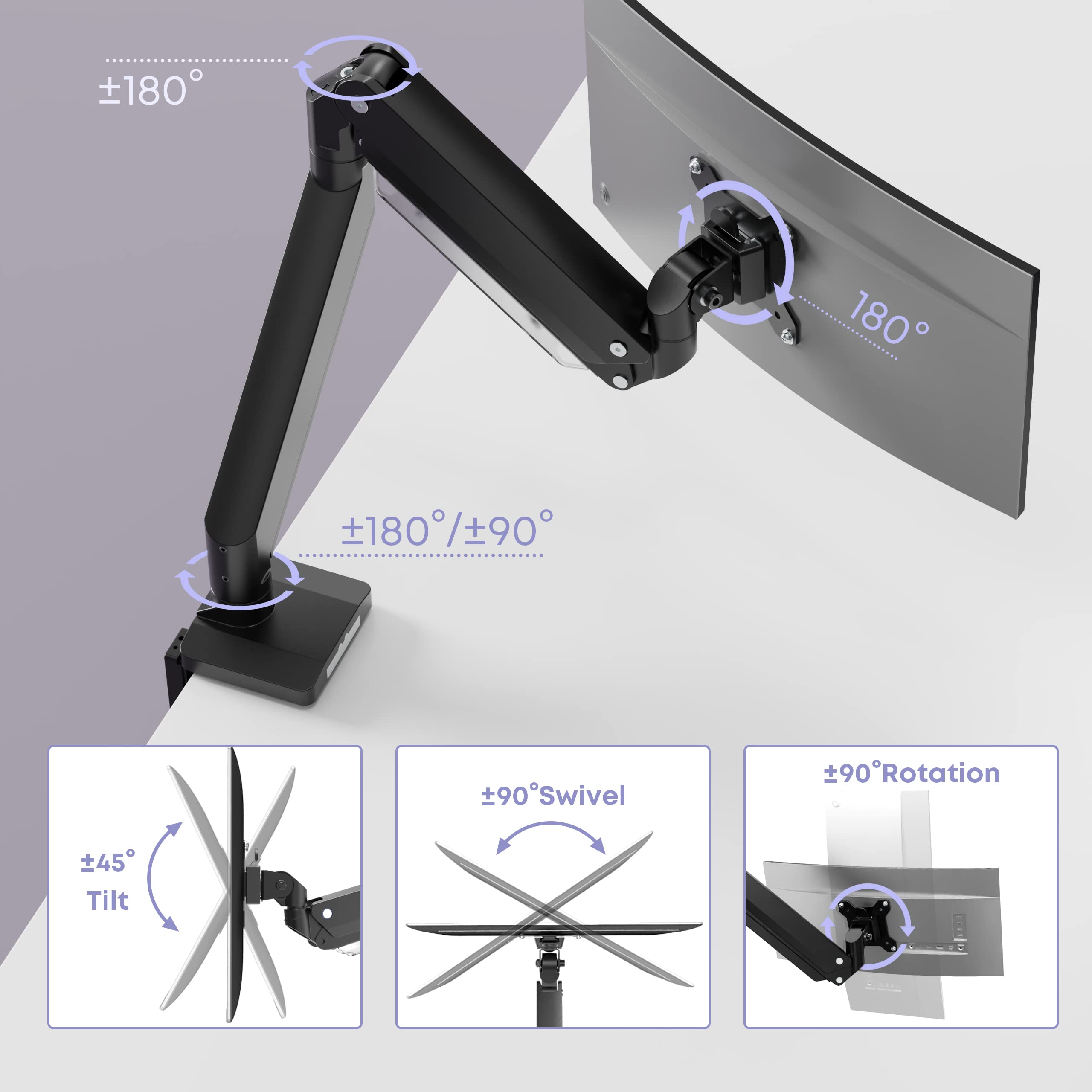 Premium Heavy Duty Monitor Arm for Ultrawide Screens up to 49 Inch & 39.6lbs - Ergonomic Aluminum Single Desk Mount Stand with Gas Spring, VESA 75x75/100x100 - Perfect for Home Office, Gaming & Workspace Setup