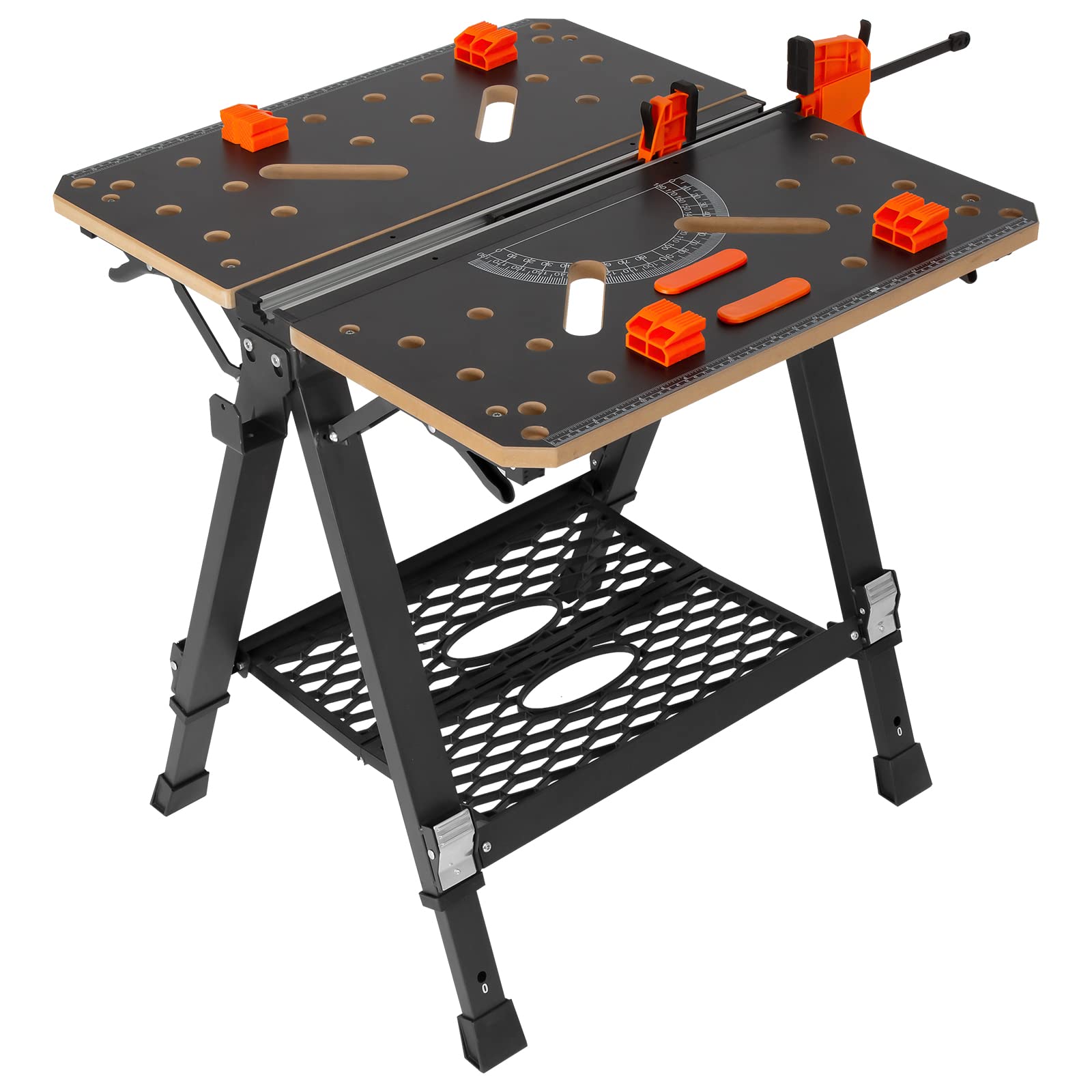 VEVOR Folding Work Table - Heavy Duty 1000 lbs Capacity Adjustable Workbench & Sawhorse, 7 Height Settings with Steel Legs, Portable Foldable Tool Stand Includes Wood Clamp, 4 Bench Dogs & 2 Hooks - Perfect for Woodworking, DIY Projects, Garage Storage and Job Site Use