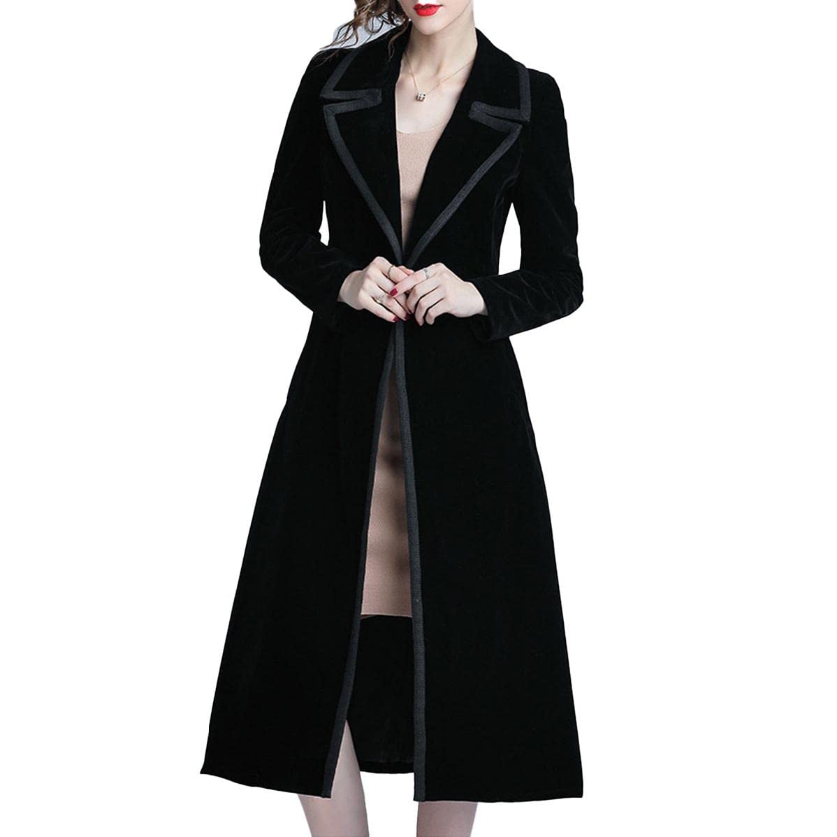 Women's Slim Wool Blend Vintage Velvet Trench Coat - Lapel Long Sleeve Pea Coat Dress for Fall Winter Fashion, Office Wear & Evening Outfits