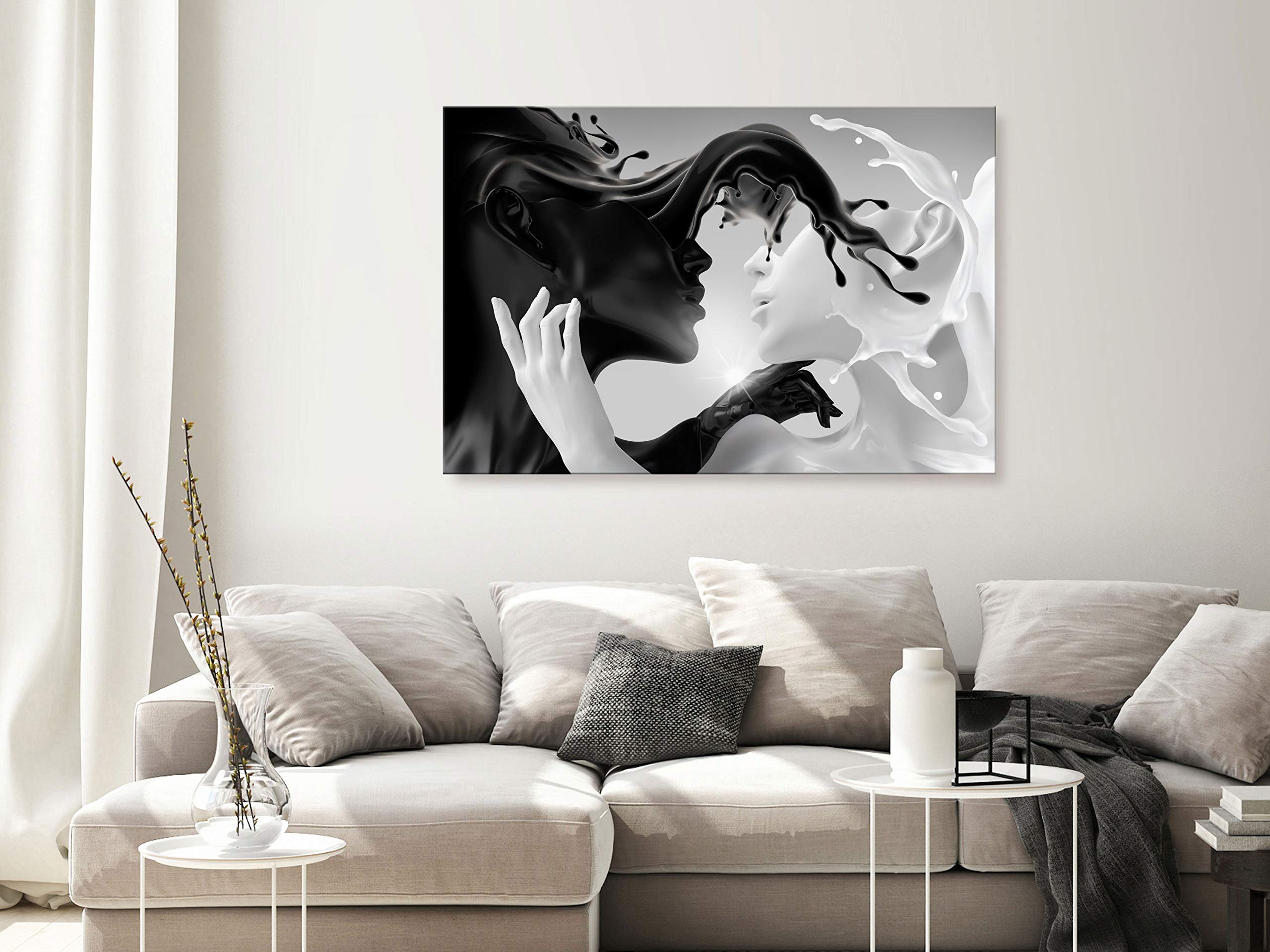 Artgeist Framed Canvas Wall Art Print - Coffee & Milk Love Abstract Couple Faces Black White Painting (35x24 inches) - Perfect for Living Room, Bedroom & Office Decor