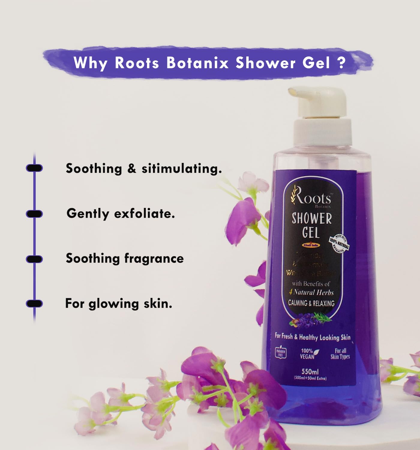 Roots Botanix Lavender Body Wash - Natural Shower Gel for All Skin Types | Paraben & Silicone Free | 18.6oz Hydrating Cleanser for Dry & Sensitive Skin | Relaxing Aromatherapy Bath & Shower Experience