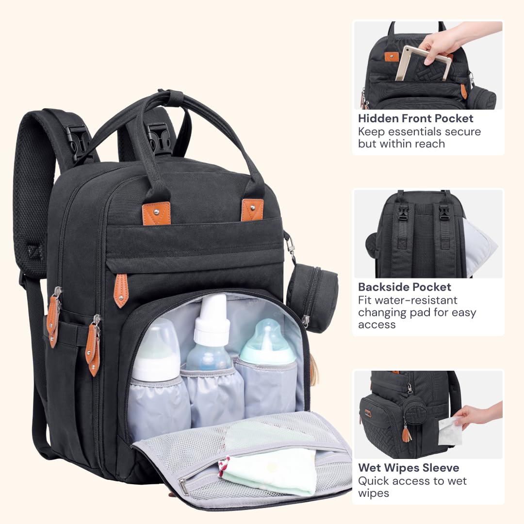 BabbleRoo Waterproof Diaper Backpack - Multifunctional Baby Travel Bag with Changing Pad, Stroller Straps & Pacifier Case - Unisex Black Diaper Bag for Parents - Perfect for Daycare, Travel & On-the-Go Parenting