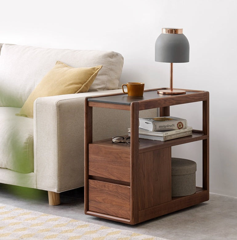 Solid Black Walnut Wood Side Table with Natural Slate Top - Perfect for Living Room, Bedroom, or Office Decor