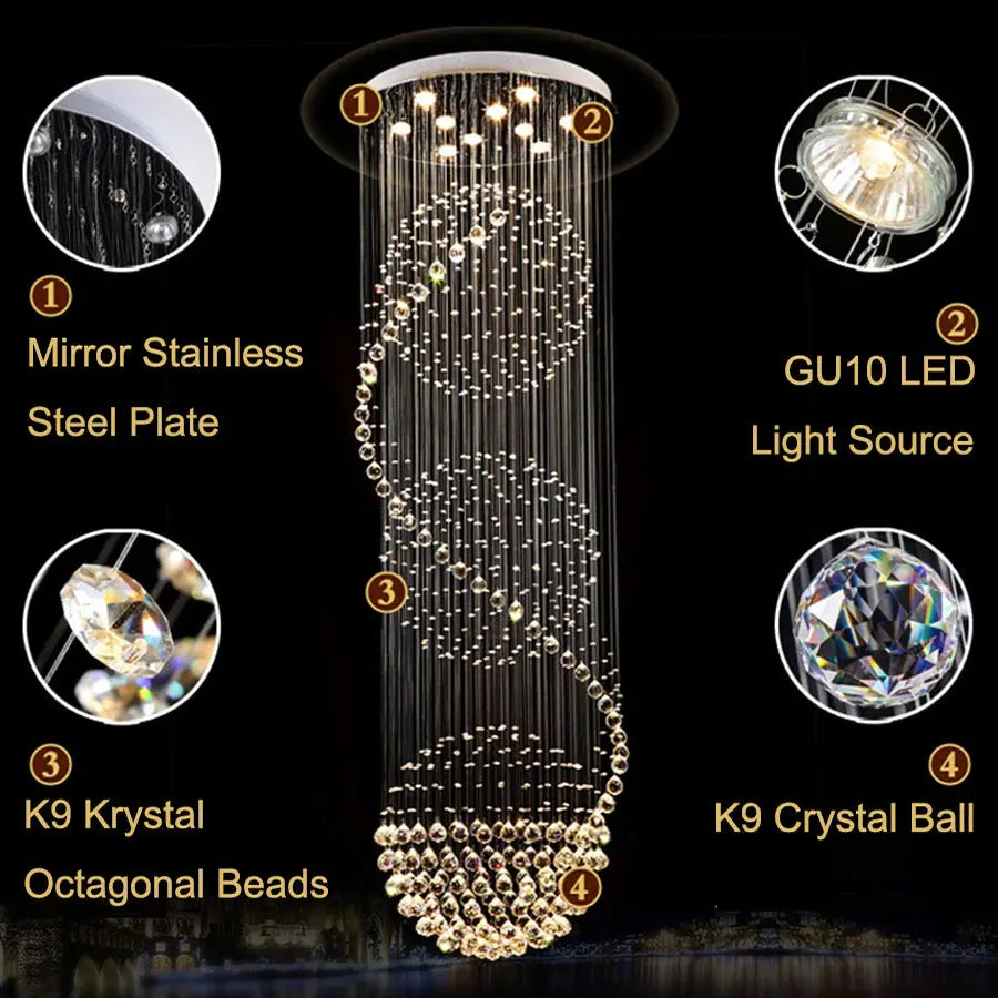 Crystal Chandelier for High Ceiling Stairwell - Elegant Modern Lighting Fixture for Grand Entryway, Foyer & Staircase Decor