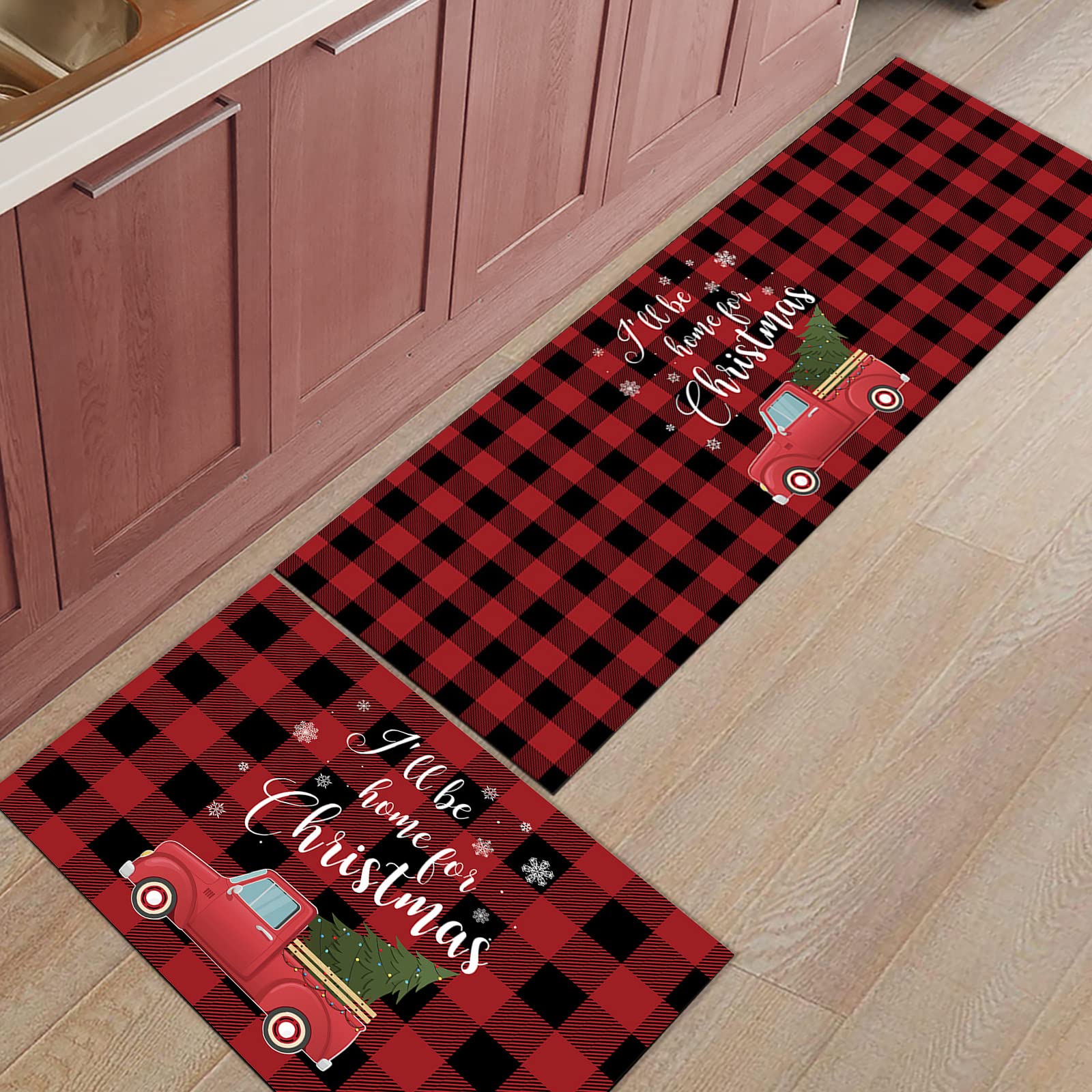 Christmas Kitchen Rug Set 2-Piece Non-Slip Floor Mats - Red Truck Holiday Doormat with Buffalo Check Design (15.7