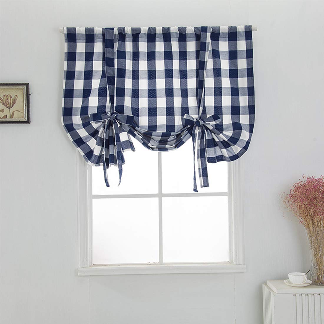 Buffalo Check Plaid Balloon Drape Gingham Shade Tie Up Roman Valance Rod Pocket Classic Window Treatment Semi Blackout Curtains - Farmhouse Kitchen Decor, Small Window Covering, 1 Panel 63