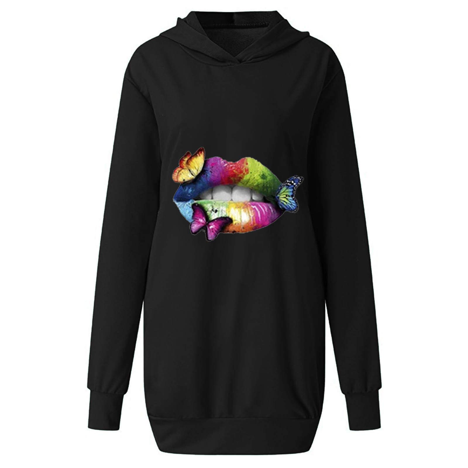 Wishcat Women's Fashion Printed Hoodie with Hip Pocket - Long Sleeve Casual Dress Shirt | Perfect for Streetwear, Loungewear & Everyday Outfits