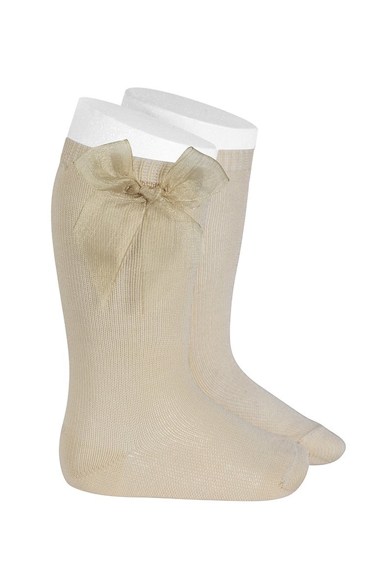 Elegant Linen Tulle Bow Knee High Socks for Women - Fashionable Vintage Style Socks for Cosplay, Weddings & Special Occasions