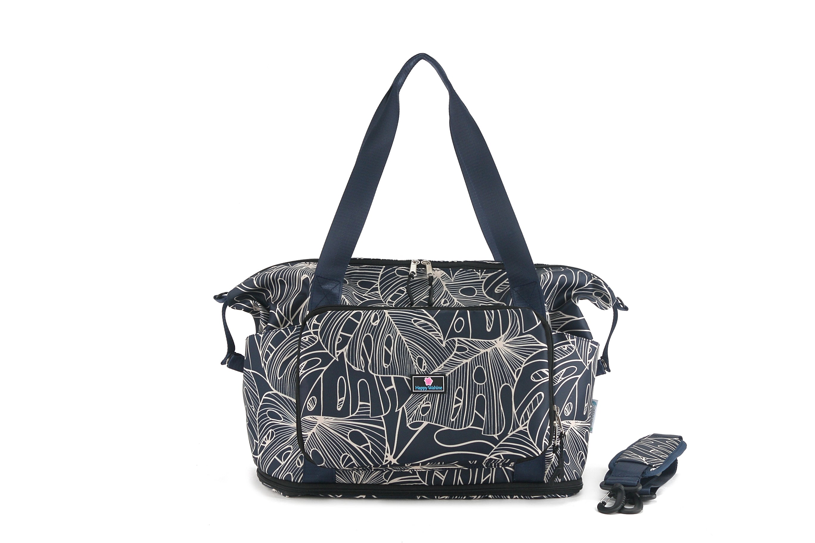 Foldable Duffle Bag - Sydney Monstera Lines Navy Blue Travel Duffel for Gym, Sports & Weekend Getaways