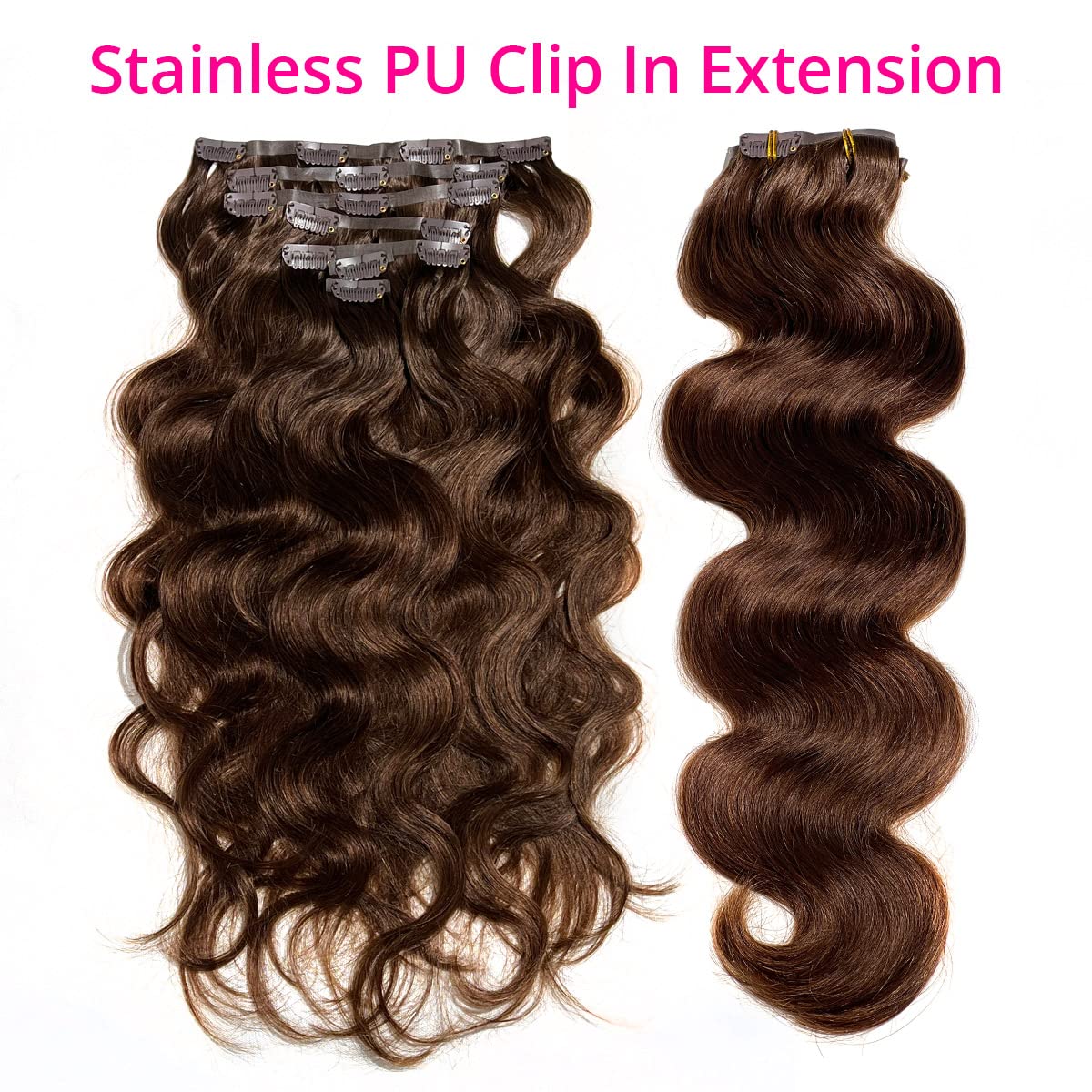 West Kiss Seamless Clip-In Human Hair Extensions - Soft & Bouncy PU Skin Weft, 100% Real Human Hair (Chocolate Brown, Body Wave, 7pcs, 120g, 20 Inch) for Volume & Length - Perfect for Parties, Weddings & Daily Styling