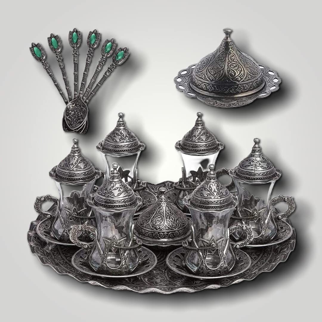 Handmade Turkish Tea Set - Authentic Black Zamzam Serving Glasses with Saucer, Tray & Spoon | Traditional Tea Ceremony Gift for Home, Cafe & Special Occasions