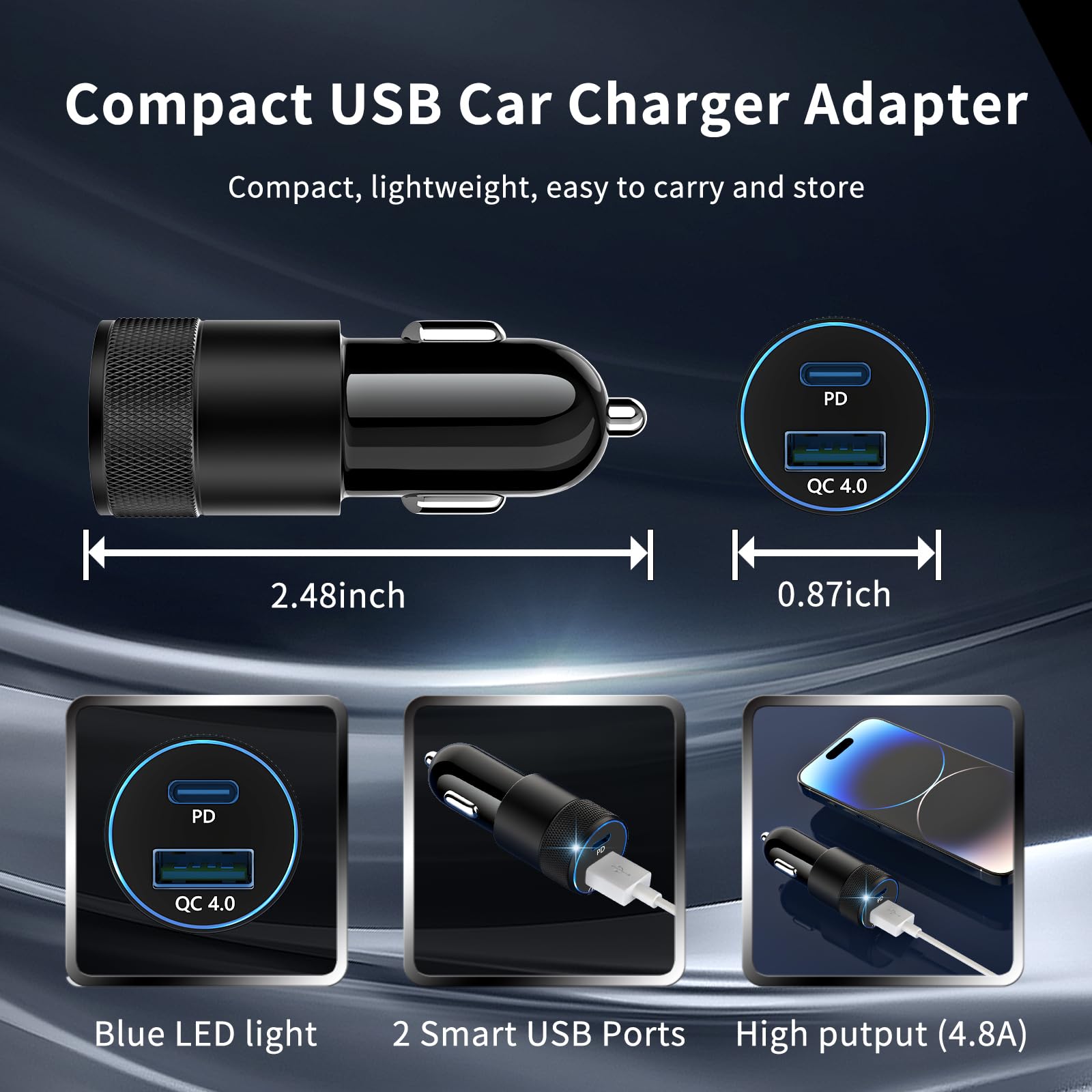 48W USB C Car Charger Fast Charging with PD&QC4.0 - Dual Port Car Phone Charger Compatible with iPhone 16/15 Pro/Samsung S24 - Perfect for Road Trips, Commuting & Travel Accessories (Works with Car/Truck/SUV)