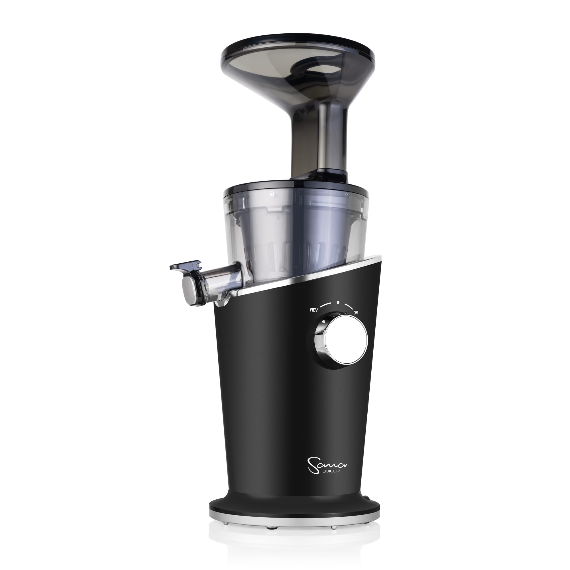 Sana 848 Easy Clean Vertical Juicer - Low Speed 43 RPM - Quiet Masticating Juicer for Carrots, Celery, Wheatgrass & Leafy Greens - Matte Black - 15 Year Warranty - Perfect for Healthy Juicing at Home, Gym or Office